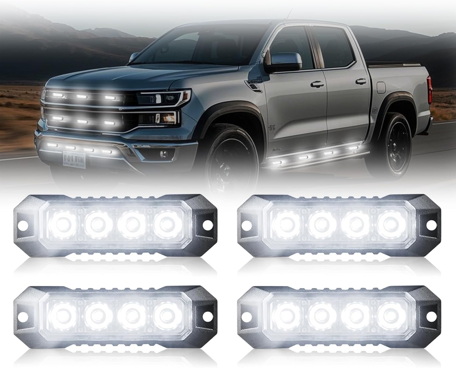 4PCS 4 LED Red Strobe Light, Surface Mount Strobe Lights for Trucks Car Vehicle Warning Flashing Beacon Hazard Emergency Lights Ultra Slim Sync Feature Mini Grille for Cars Trucks SUV RV ATV