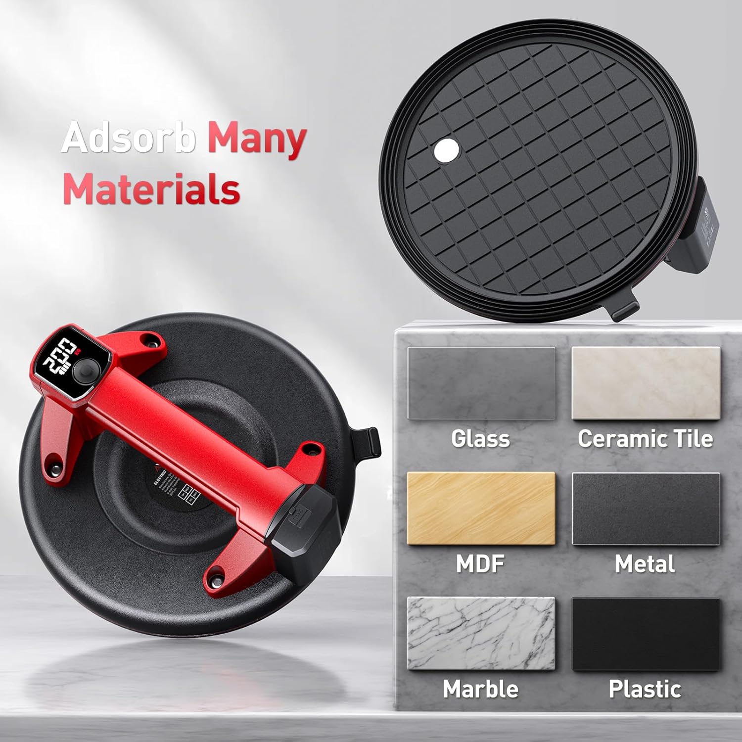 Electric Suction Cups for Glass, 8" Heavy Duty Vacuum Suction Cup with 4 x 2000mAh Batteries, LCD Display, 440 LBS/200 KG Max. Load, Cordless Vacuum Lifter for Moving Tile Windows, Stone