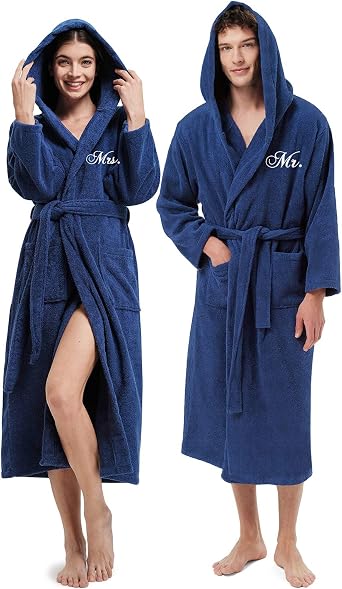AW BRIDAL 2Pcs His and Hers Terry Cloth Robes for Couples, Mr and Mrs Hooded Matching Robe Set, Wedding Engagement Gifts