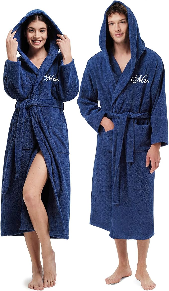 AW BRIDAL 2Pcs Couple Terry Cloth Robes 100% Cotton Hooded Spa Robe for Women Men Wedding Anniversary Engagement Gifts