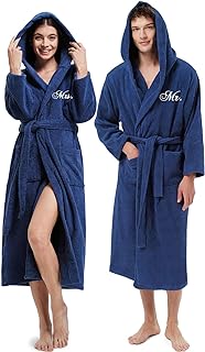 2Pcs Hooded Terry Cloth Robes 100% Cotton Robe Long Towel Robe with Pockets Wedding Engagement Gifts for Couples