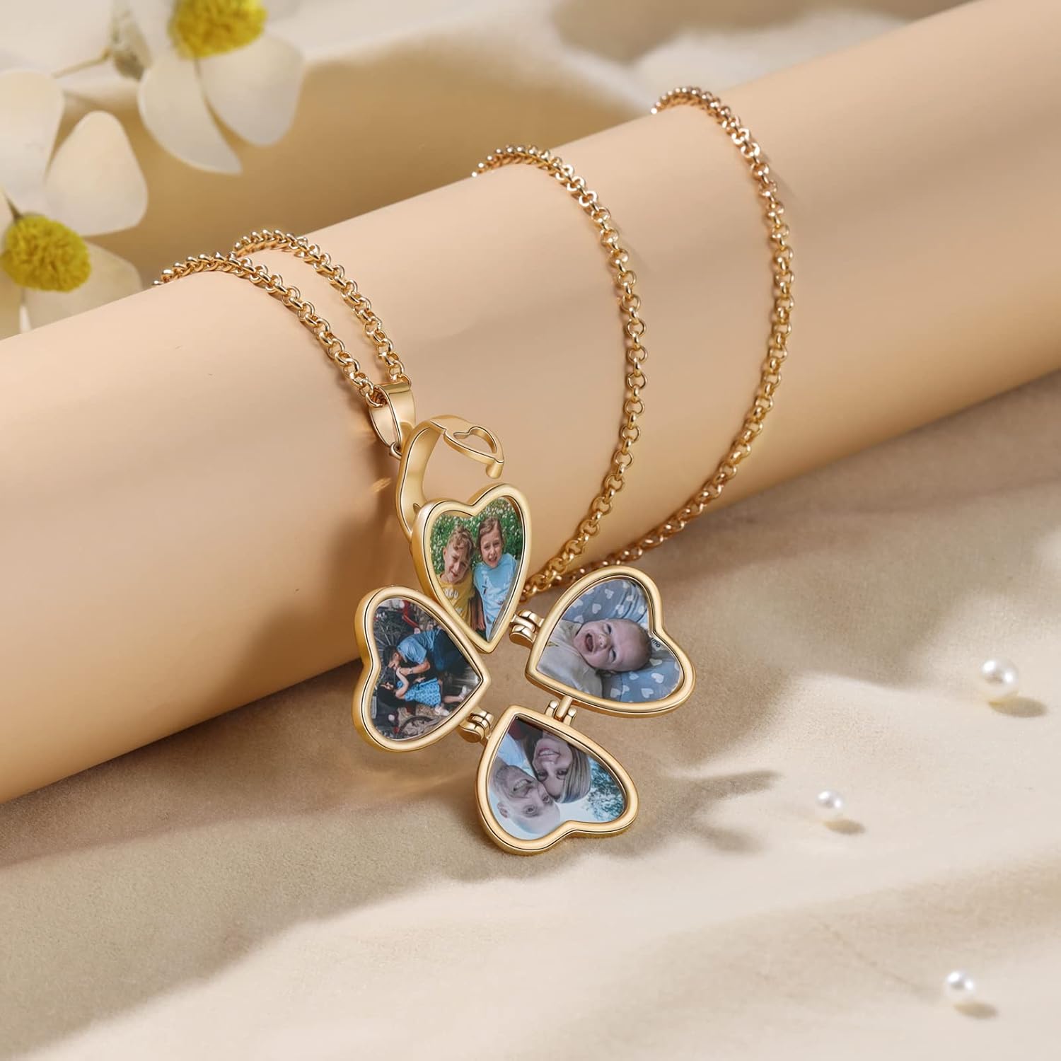 Jewelstruck Personalized Heart Locket Necklace, Gold Locket with Picture Custom for Women Mom Daughter Lucky Four Leaf Pendant Charms Vintage Gifts for Mom Wife Her Birthday Christmas