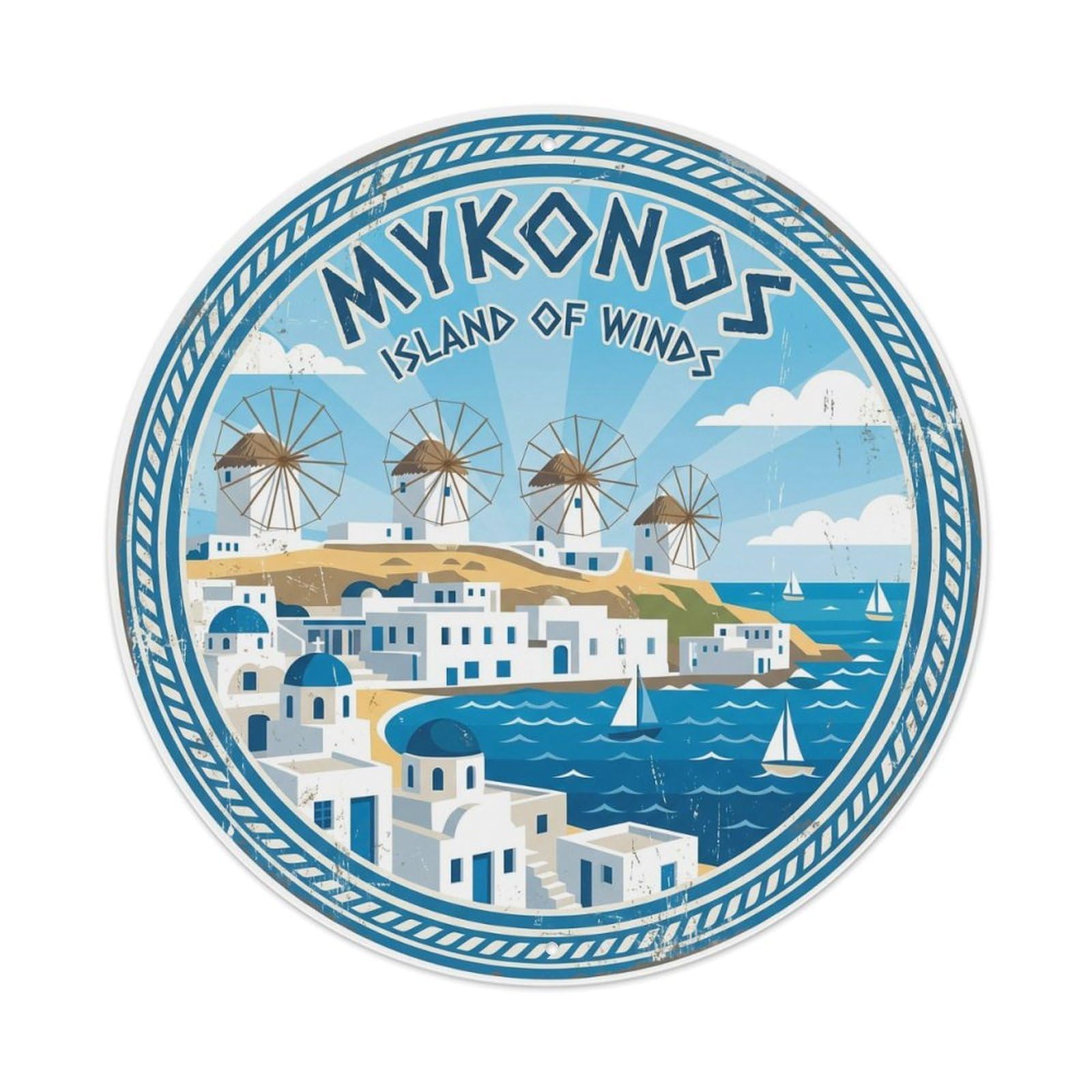 Vintage Travel Mykonos Windmills Greece Metal Tin Sign Plaque Wall Decor for Cafe, Club Bar, Office, Home Garden Round Metal Poster 8x8Inch