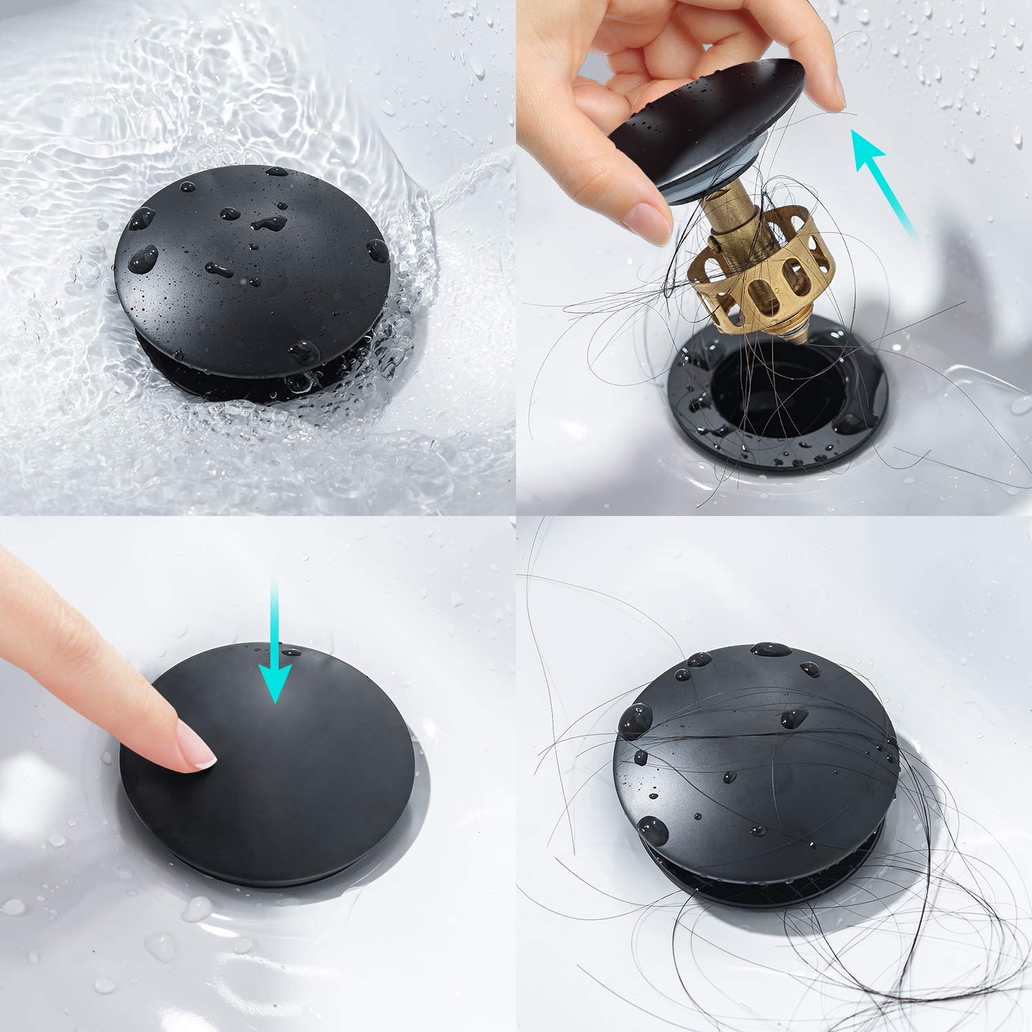 MIAOHUI Scarico pop-up per lavello con troppopieno, tappo di scarico per lavabo da bagno, filtro anti-intasamento integrato, adatto per fori di scarico standard americani (da 3,8 cm a 3,8 cm) (nero