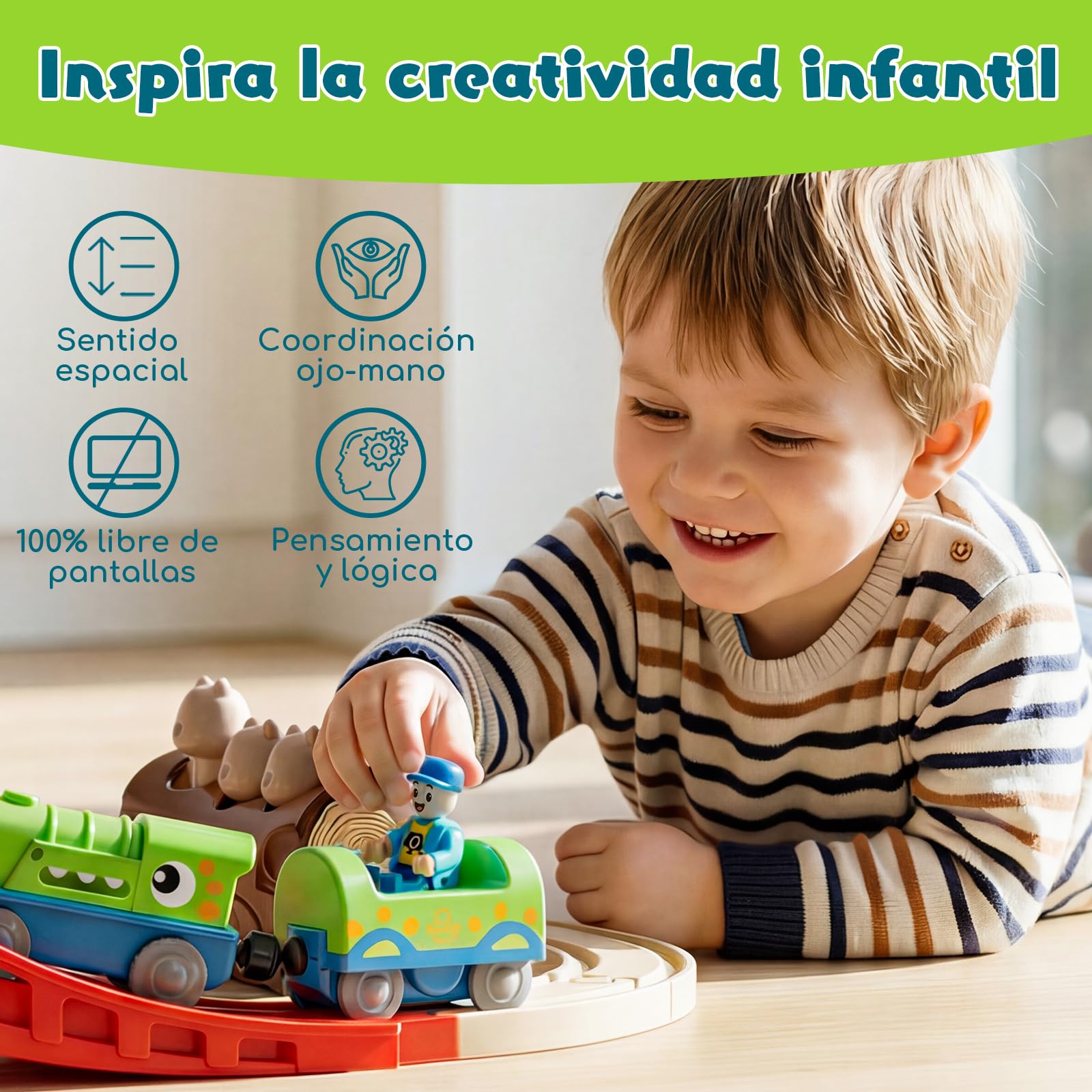 Lehoo Catsle Tren Juguete con Locomotora de Dinosaurios, Tren Electrico Juguete Niños 3+ Años, Juguetes de Mader, Tren Eléctrico Infantil, Regalo para Niño