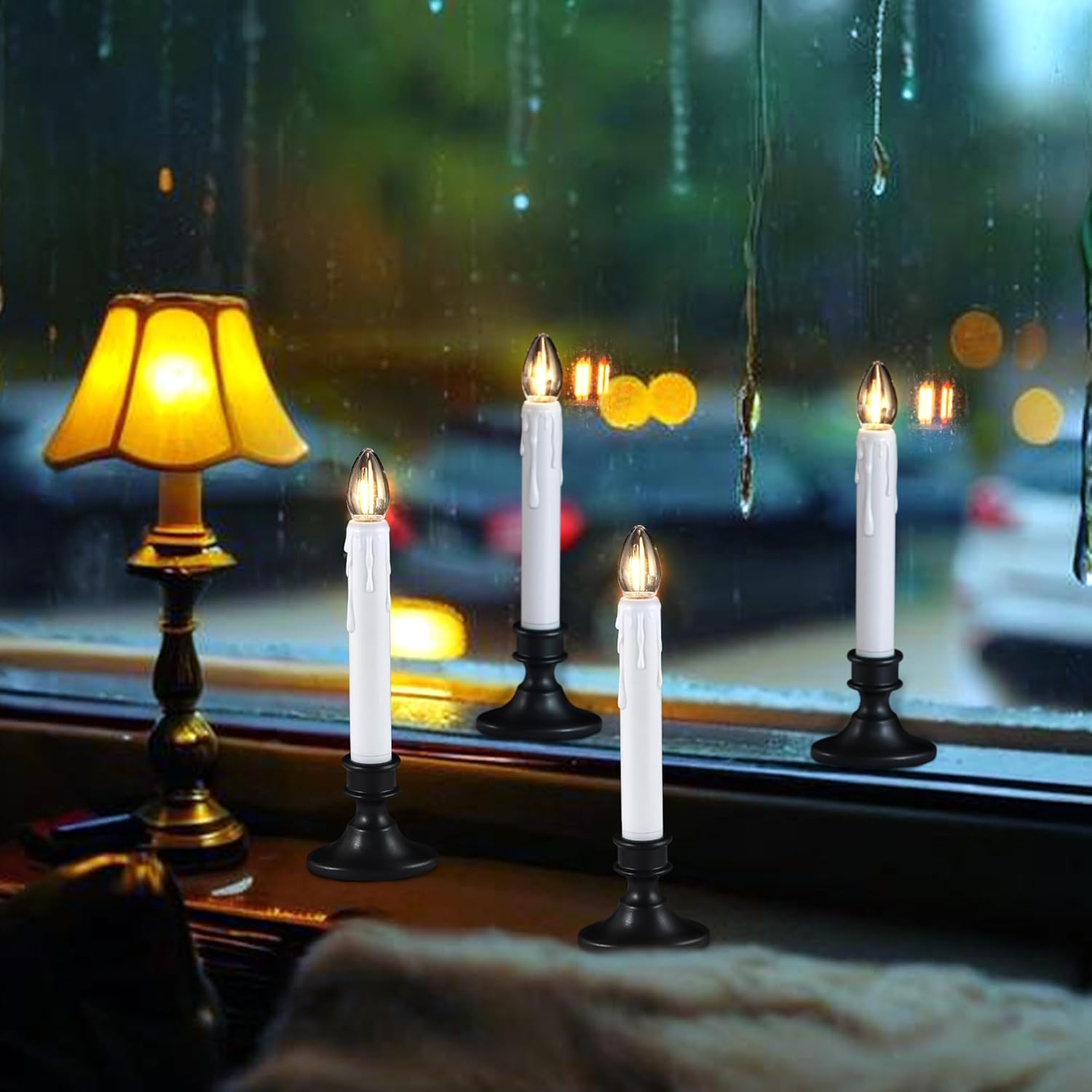 Daord Flameless LED Taper Candles with Removable Black Base & Suction Cups Electric Christmas Window Candle Lamp with Plastic Bulb,for Home Halloween Christmas Table Decor (6pcs，White)