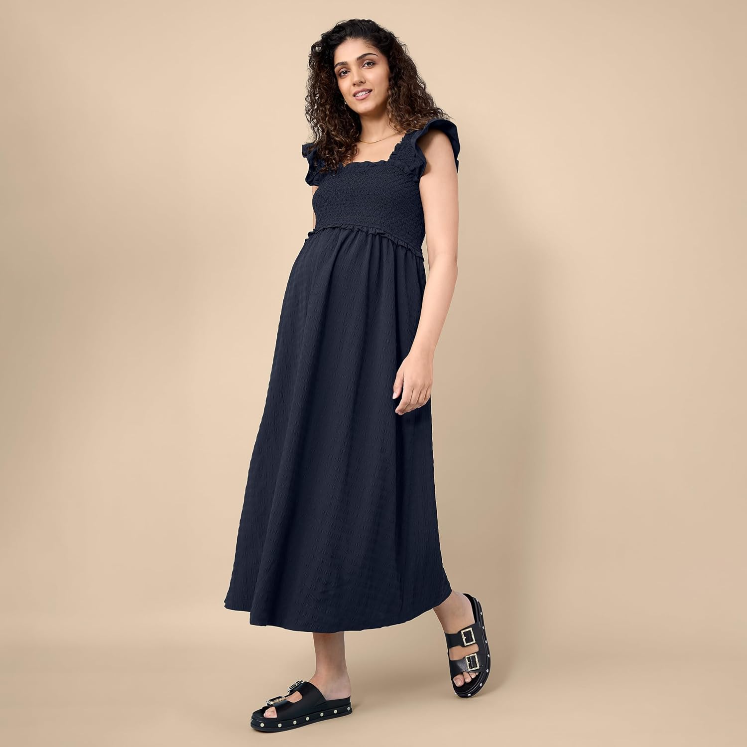 Motherhood Maternity Women's Sleeveless Ruffle Shoulder Smocked Maxi Pregnancy Dress