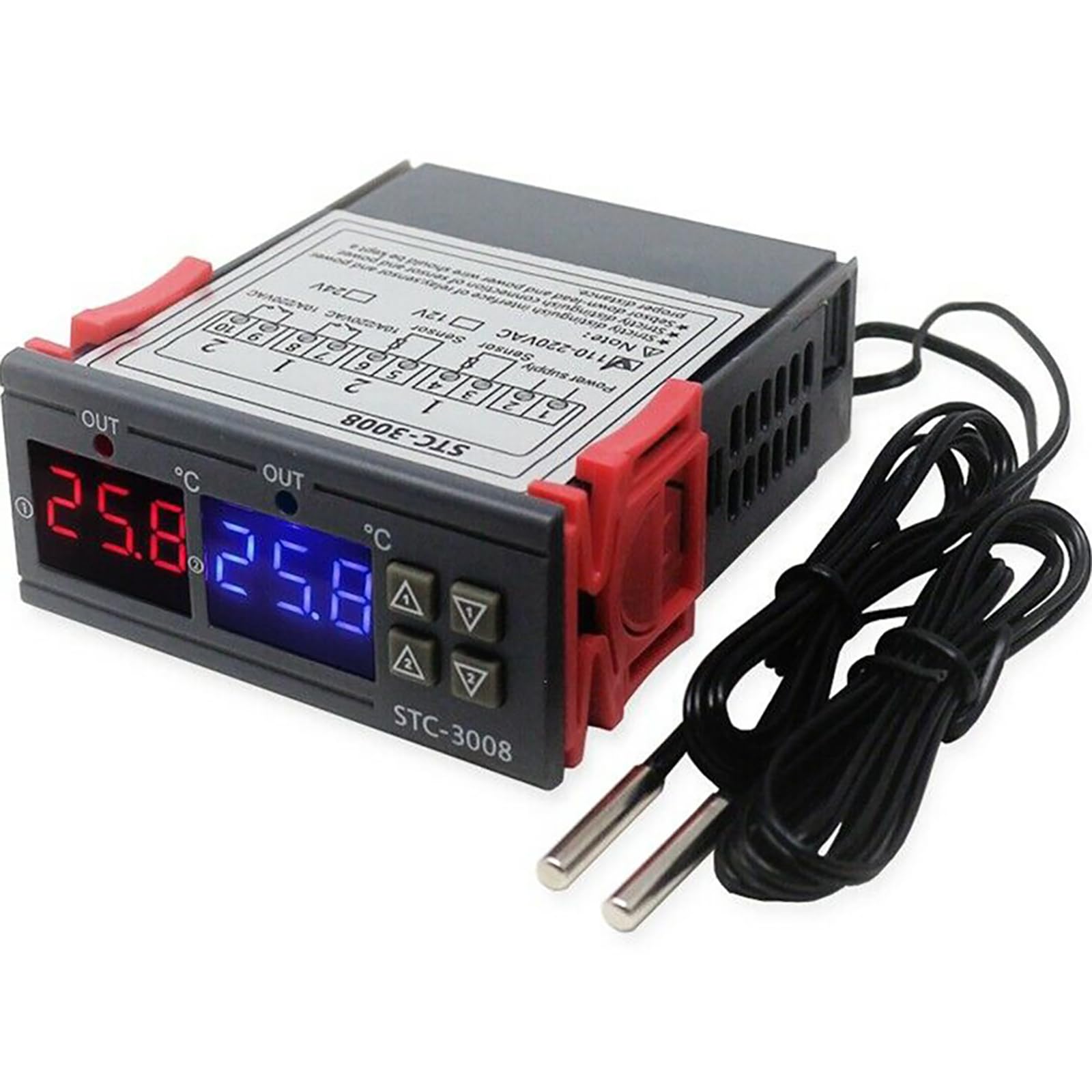 12/24 / 110-220V Double Probe Sensors Temperature Thermostat Controller Digital Double Display for Refrigerator Aquarium
