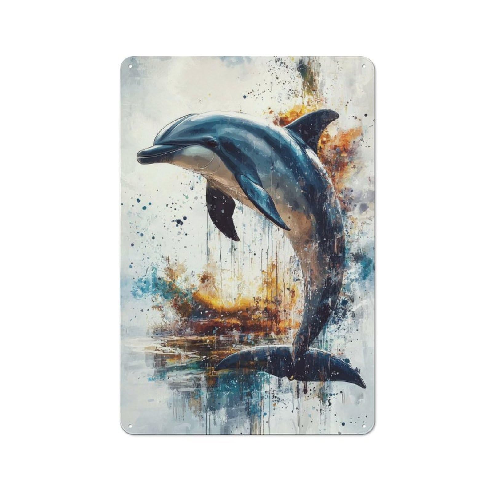 Junmoney Dolphin Watercolor Art Vintage Metal Sign 30X20cm, Bistro Style Shop Wall Decor For Cafe, Bistro, Bakery Or Restaurant