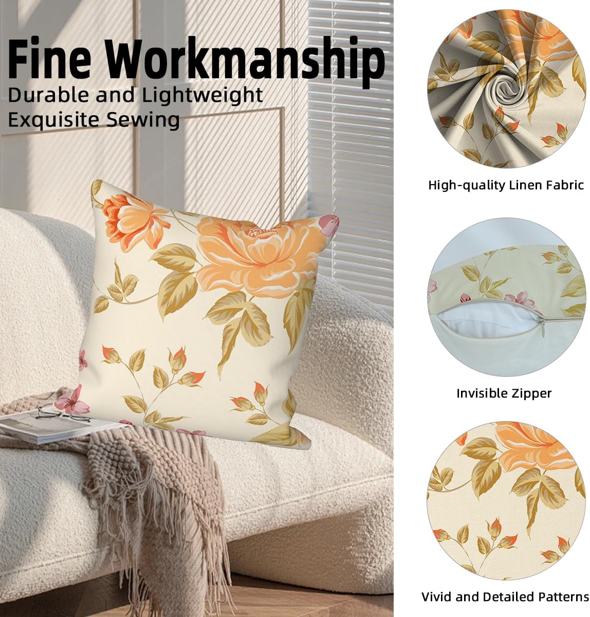 Spring Flower Throw Pillow Covers 18"x18" Set of 4, Vintage Yellow Floral Pillowcases Countryside Cushion Cases for Chair Sofa Bed Living Room Garden Car Indoor Outdoor Home Decoration