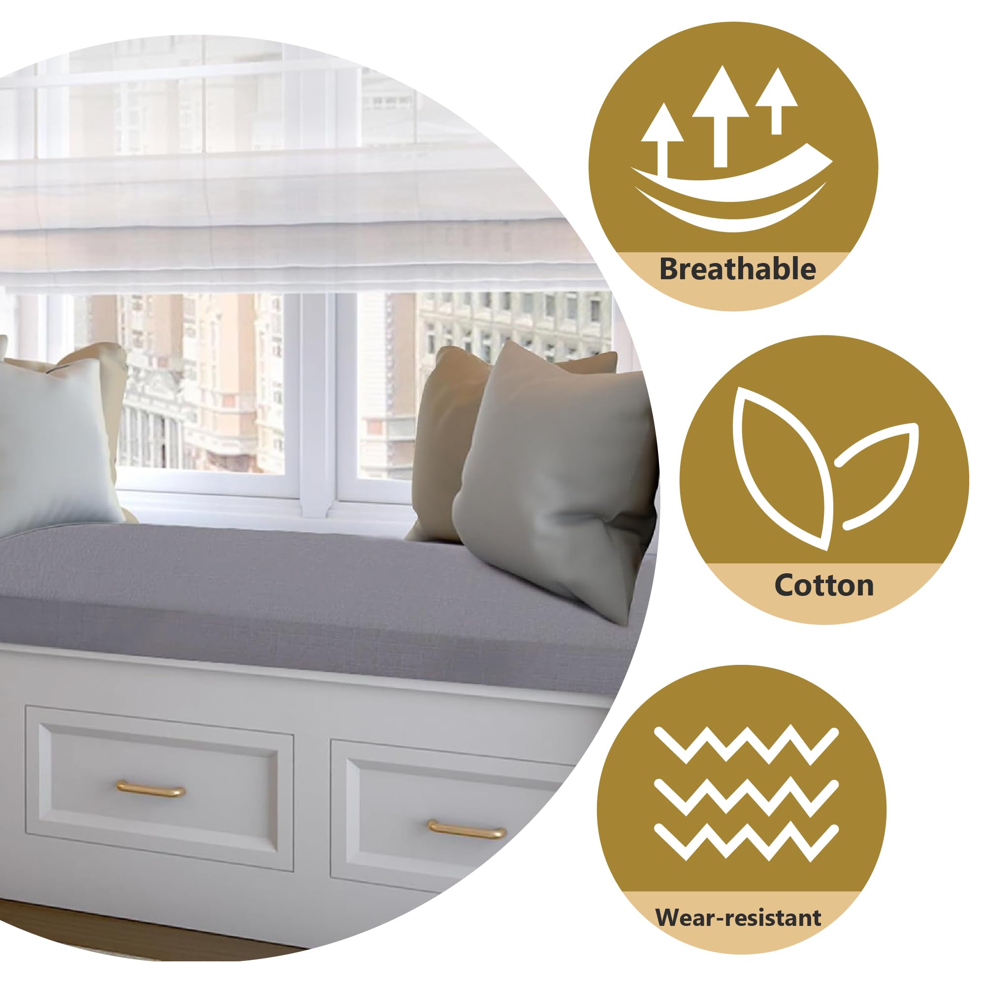 Cuscino Impermeabile per Panca 42 x 90 cm con Fondo Antiscivolo Cuscino per Seduta Fodera Lavabile per Panca da Giardino, Patio, Finestra a Bovindo, Grigio Chiaro