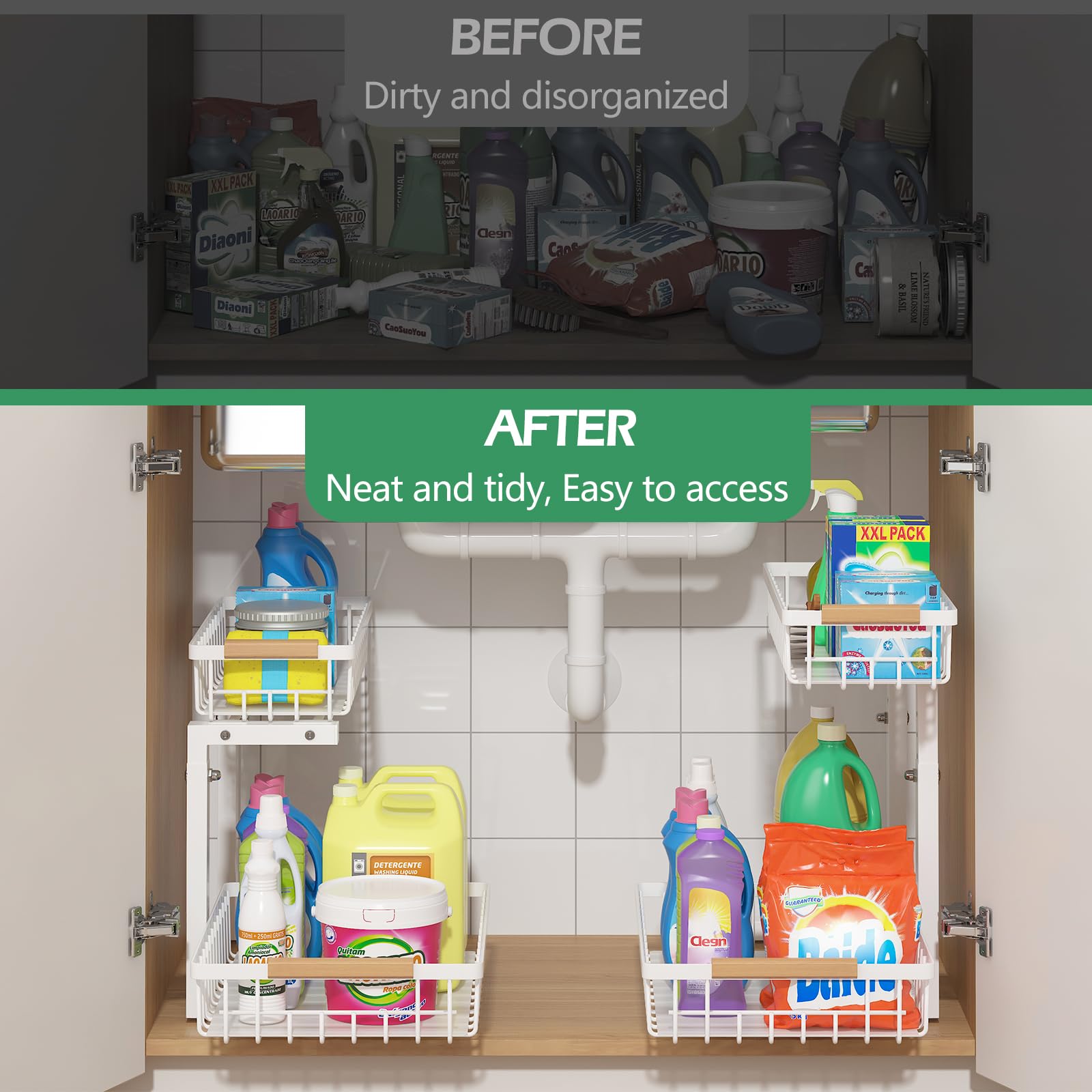 ADRIMER Organizzatore sotto il lavandino, confezione da 2, organizer estraibile per lavello da cucina, organizer da cucina a 2 livelli e ripiano portaoggetti in metallo di alta qualità, bianco