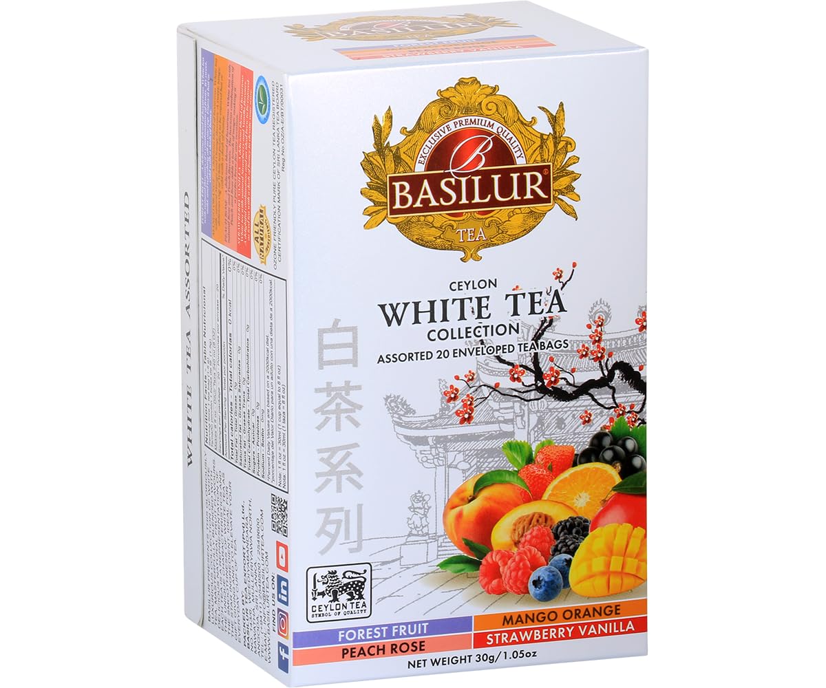 Sponsored Ad – Basilur | White Tea Collection - Assorted | Ceylon White Tea | 4 Blends - Forest Fruit, Mango Orange, Peach Rose & Strawberry Vanilla | Foil Enveloped 20 Tea Bags