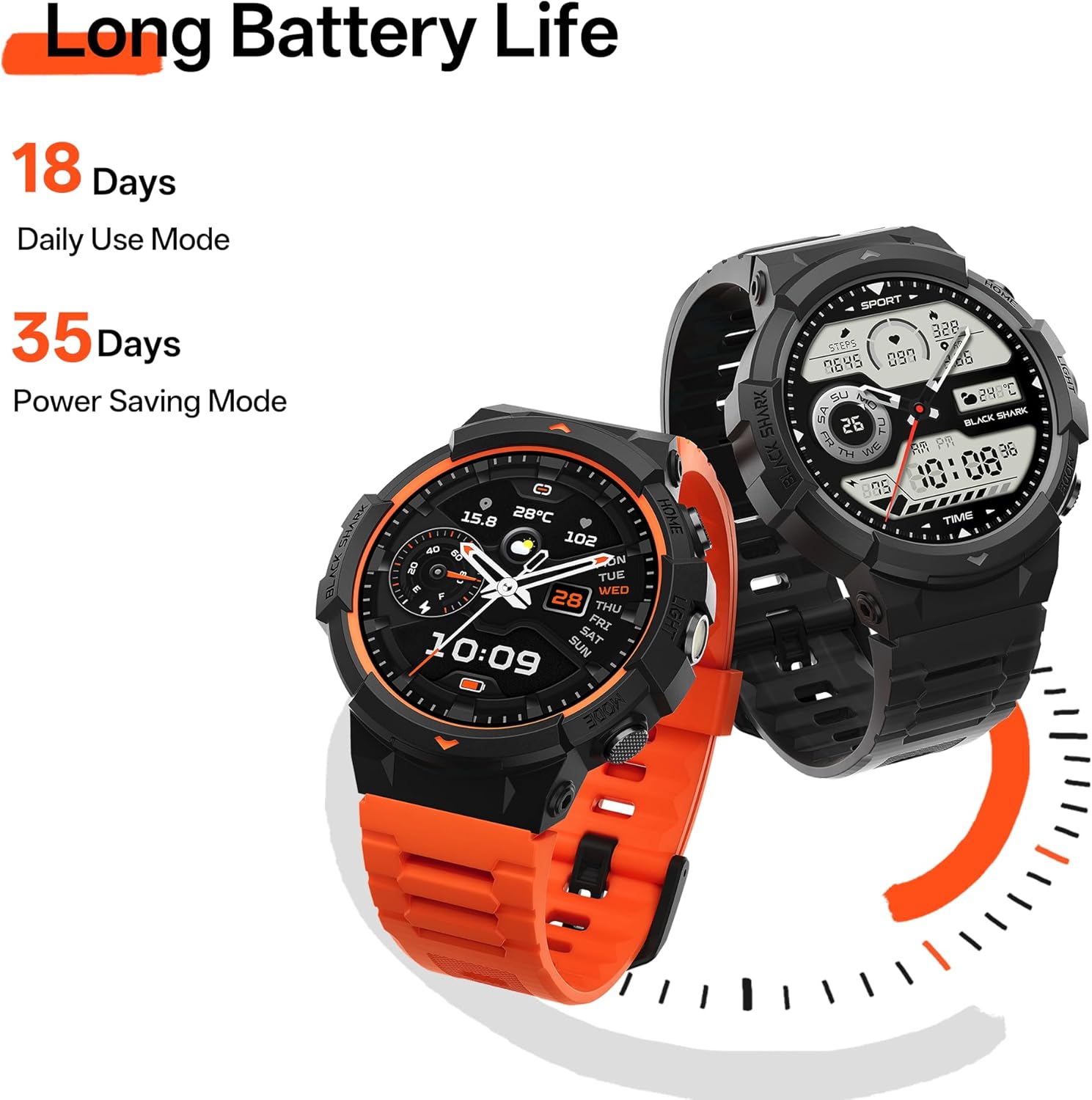 Information on the long battery life of the smartwatch, showing 18 days daily use and 35 days power saving.