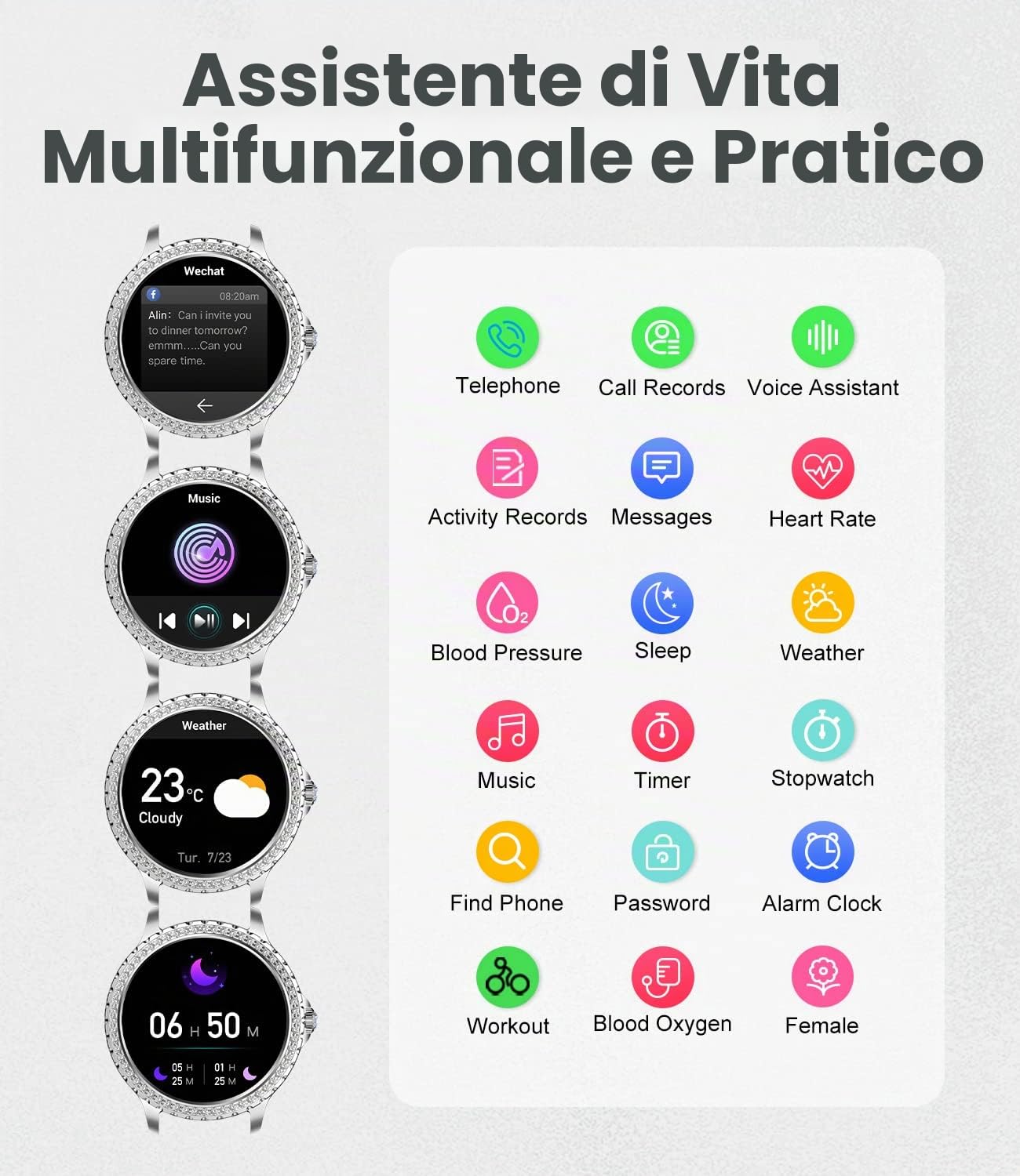 Smartwatch Chiamate, 20 Sport Orologio Smartwatch Donna, Fitness Contapassi Cardiofrequenzimetro Pressione Sanguigna SpO2, Monitoraggio del Sonno, Android iOS,Argento