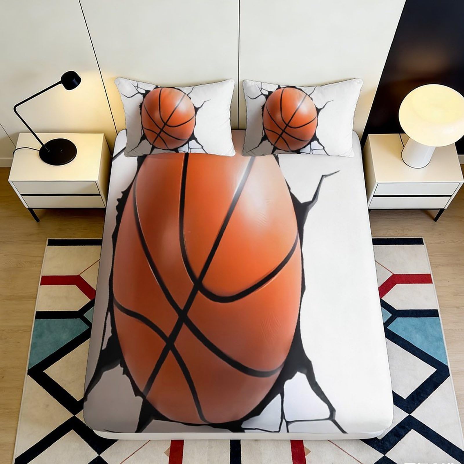 3D Printed Basketball Fitted Sheet Microfiber Soft Breathable Sports Ball Bed Cover for Bedroom Dormitory Guest Room Mattress Protection 90x200x25cm