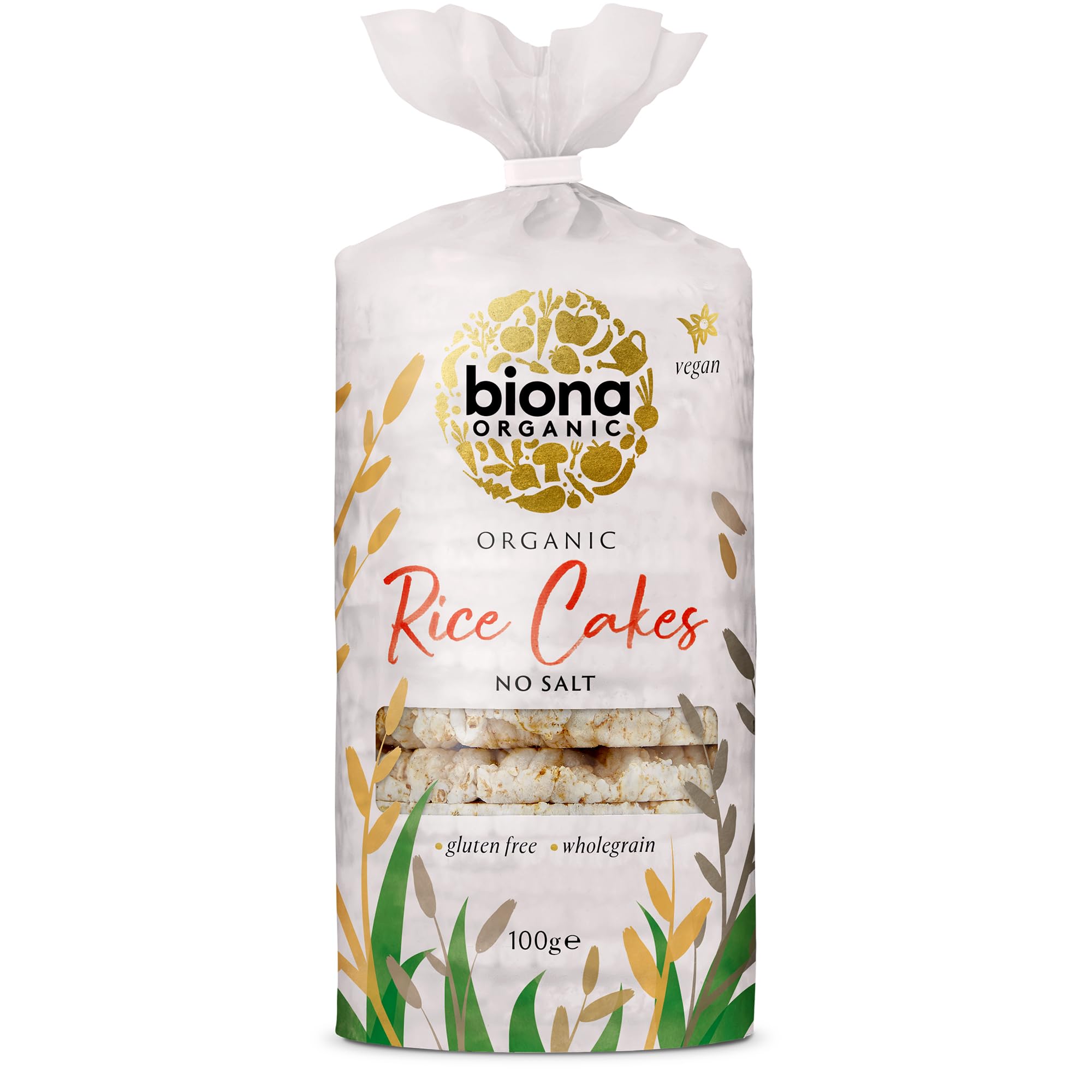 Biona Organic Unsalted Rice Cakes, 100g - 100% Organic Wholegrain Brown Rice - Source of Fibre, Naturally Gluten Free - Vegan Snacks and Treats (Pack of 12)EU Organic