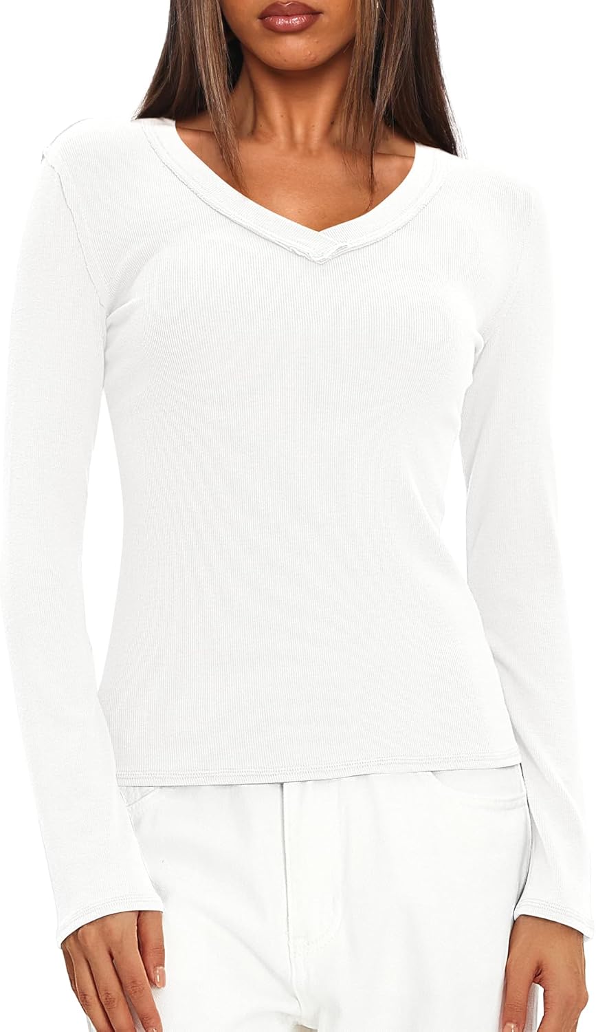 Darong Women Long Sleeve Shirts Rib Knit Slim Fit V Neck Tops Basic Tee 2026 T-Shirt Underscrubs Layer Clothes - Image 4