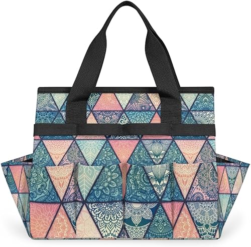 Ethnic Triangle Pattern Garden Tool Tote Bag for Women Men Gardening Tool Storage Bags with 10 Pockets Standable Garden Home Tool Kits Organizer for