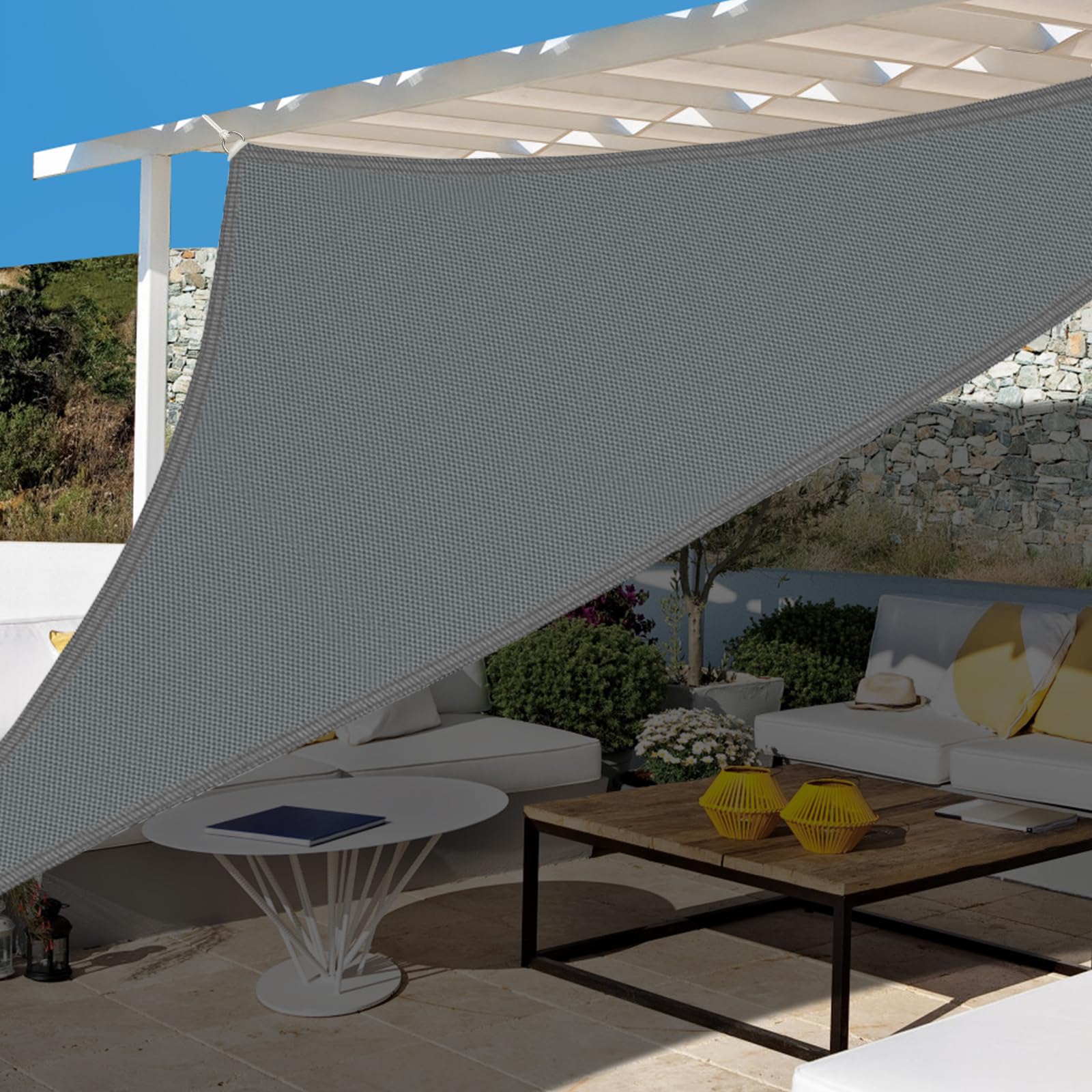 Voile D'ombrage Triangulaire 4x4x4m Avec Kit Fixation, Toile Ombrage Triangulaire Imperméable, Protection Solaire Et Anti UV, Toile D'ombrage Sans Perçage Convient aux Terrasse,Jardins et Serres（Gris）