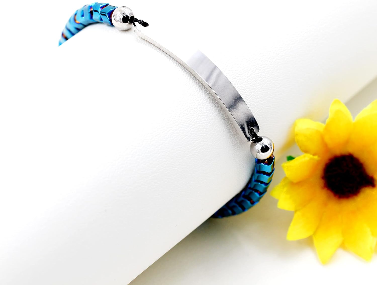Customize Engrave Name Bracelet - Blue Hematite Stone Beads Stainless Steel Chain Bracelet - Personalized Name ID Plate Bracelet for Women Men Y1904