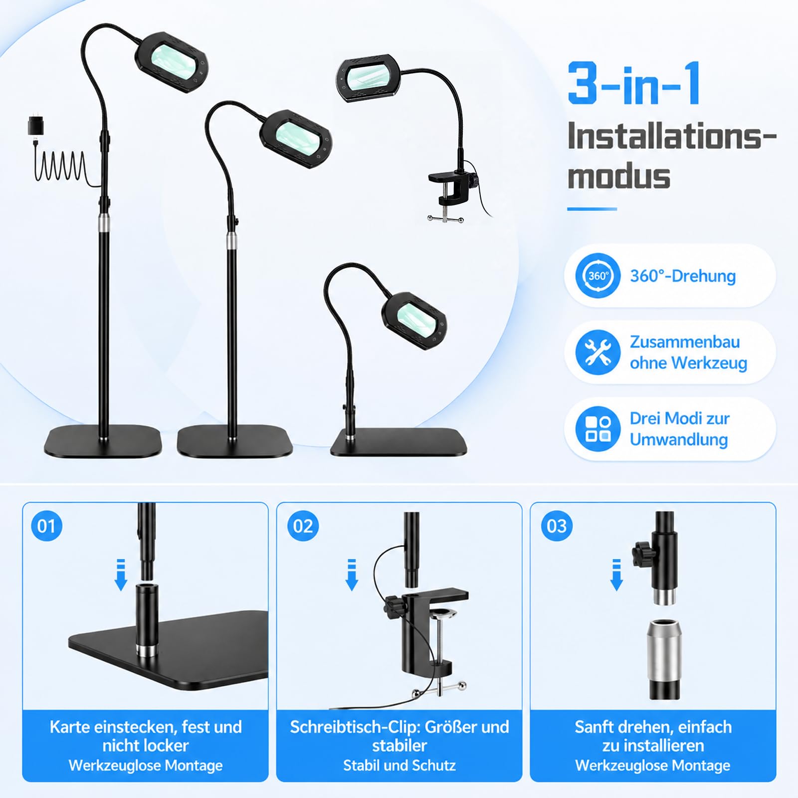 10 lupas con luz y soporte, 3 en 1 lupas de pie con 60 LED, lámpara rectangular de cuello de cisne con abrazadera, 5 modos de color regulable, sin manos, lupa de lectura con luz para personas mayores
