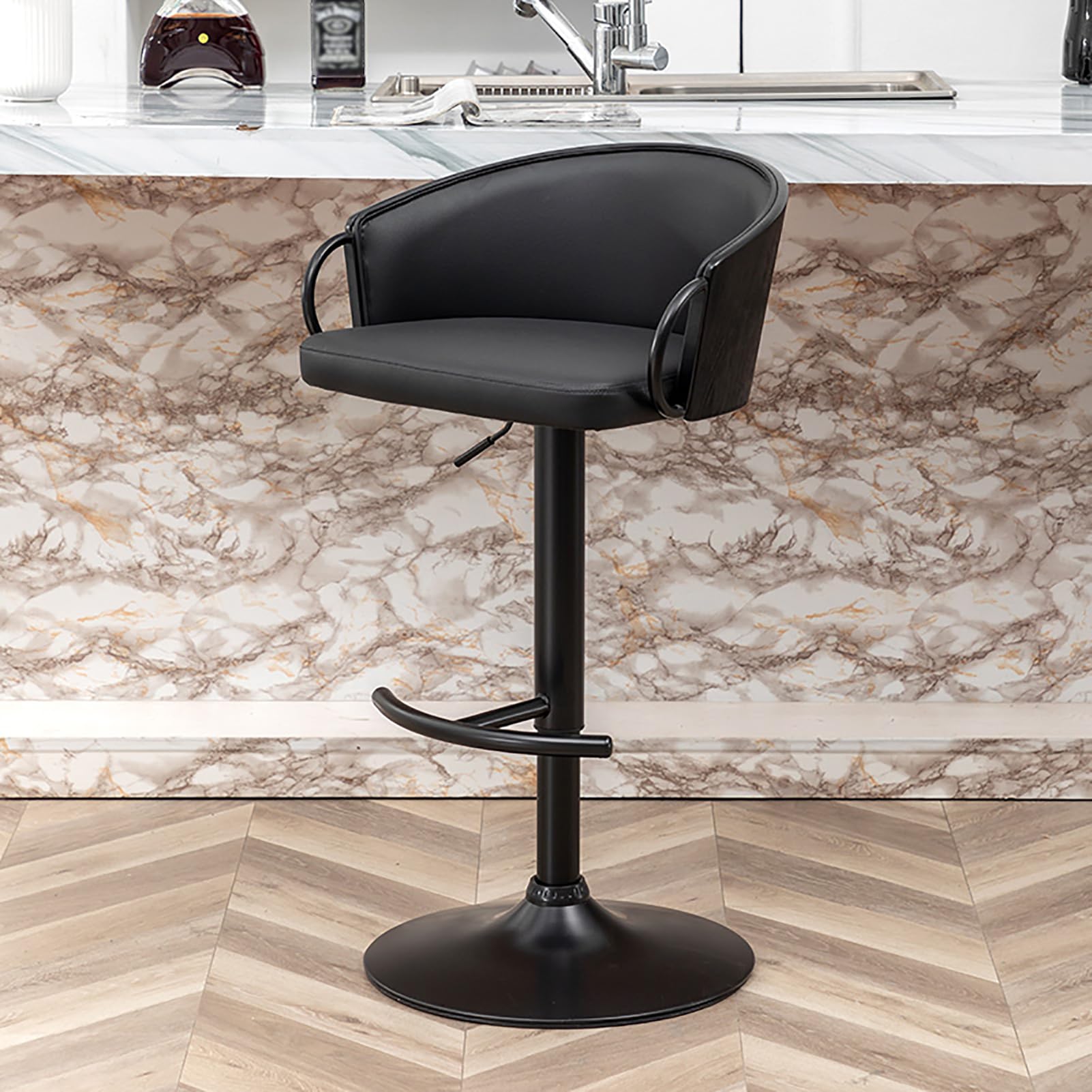 Tabouret de bar pivotant et rembourré avec repose-pieds réglable en hauteur noir