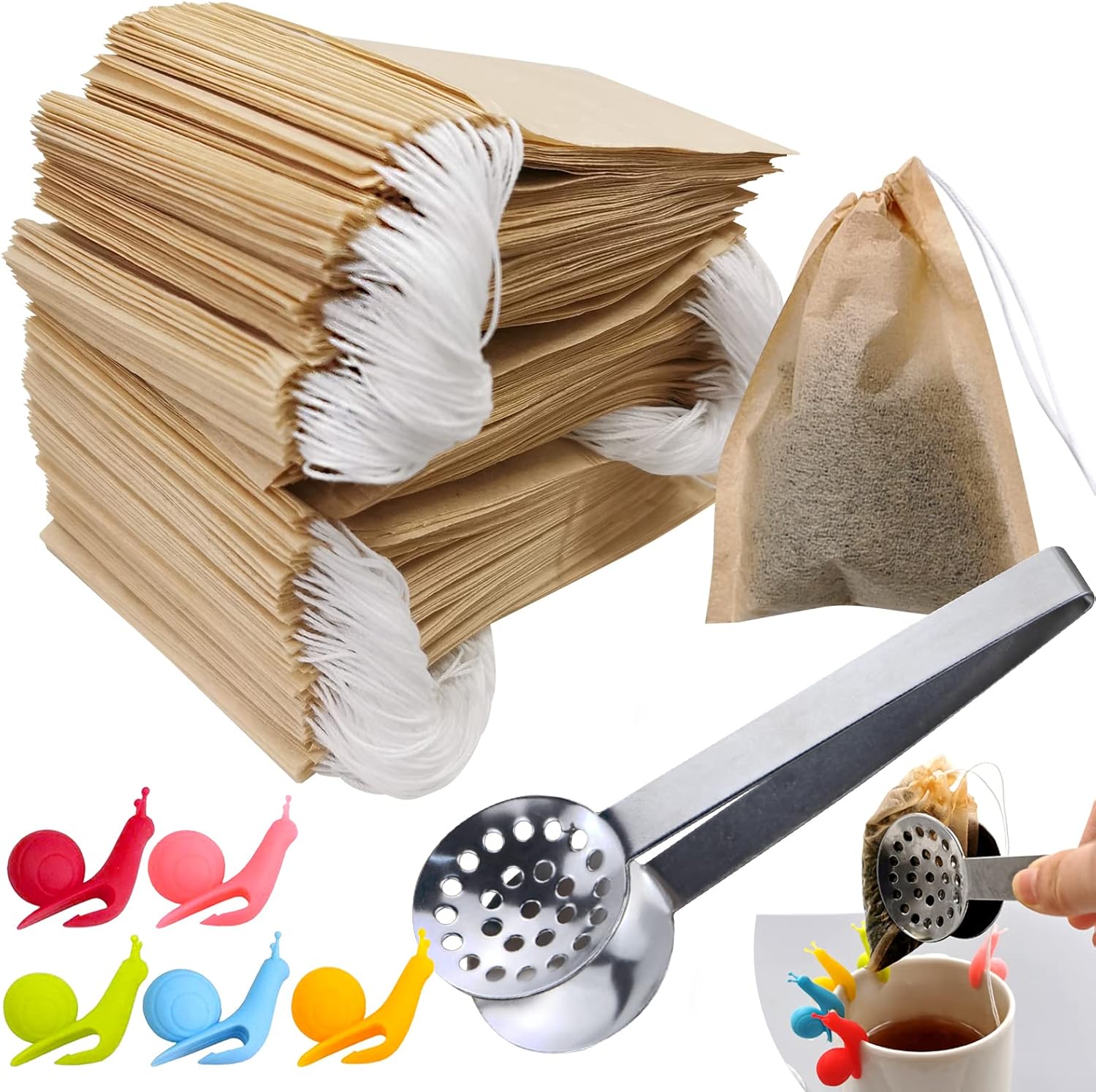 SNAIL GARDEN 300 bolsas de filtro de té, infusor de té para té de hojas sueltas con 1 pinza para bolsa de té y 5 soportes para bolsas de té, papel
