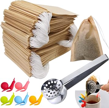 SNAIL GARDEN 300Pcs Tea Filter Bags, Tea Infuser for Loose Leaf Tea with 1Pcs Tea Bag Tong & 5Pcs Tea Bag Holders-100% Unbleached Paper Empty Tea Sachets-Biodegradable and Compostable