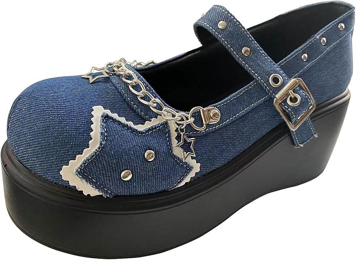 Womens Platform Mary Janes Shoes Sweet Toe Ankle Lolita Gothic Pumps Chunky Patent Leather — view 49