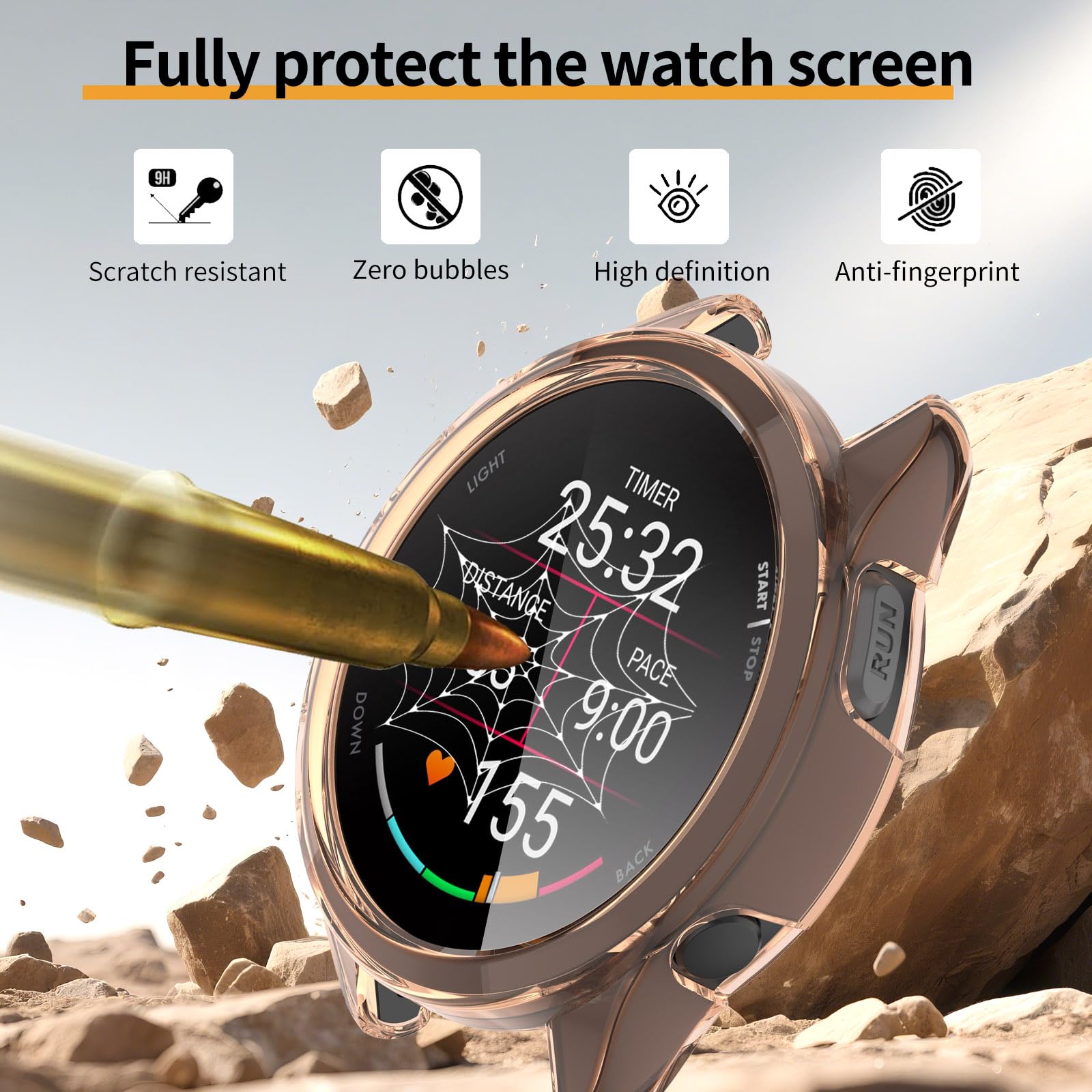 Lot de 2 + 2 coques de protection d'écran compatibles avec Garmin Forerunner 165/165 Music, accessoires de protection en TPU souple avec film en verre trempé
