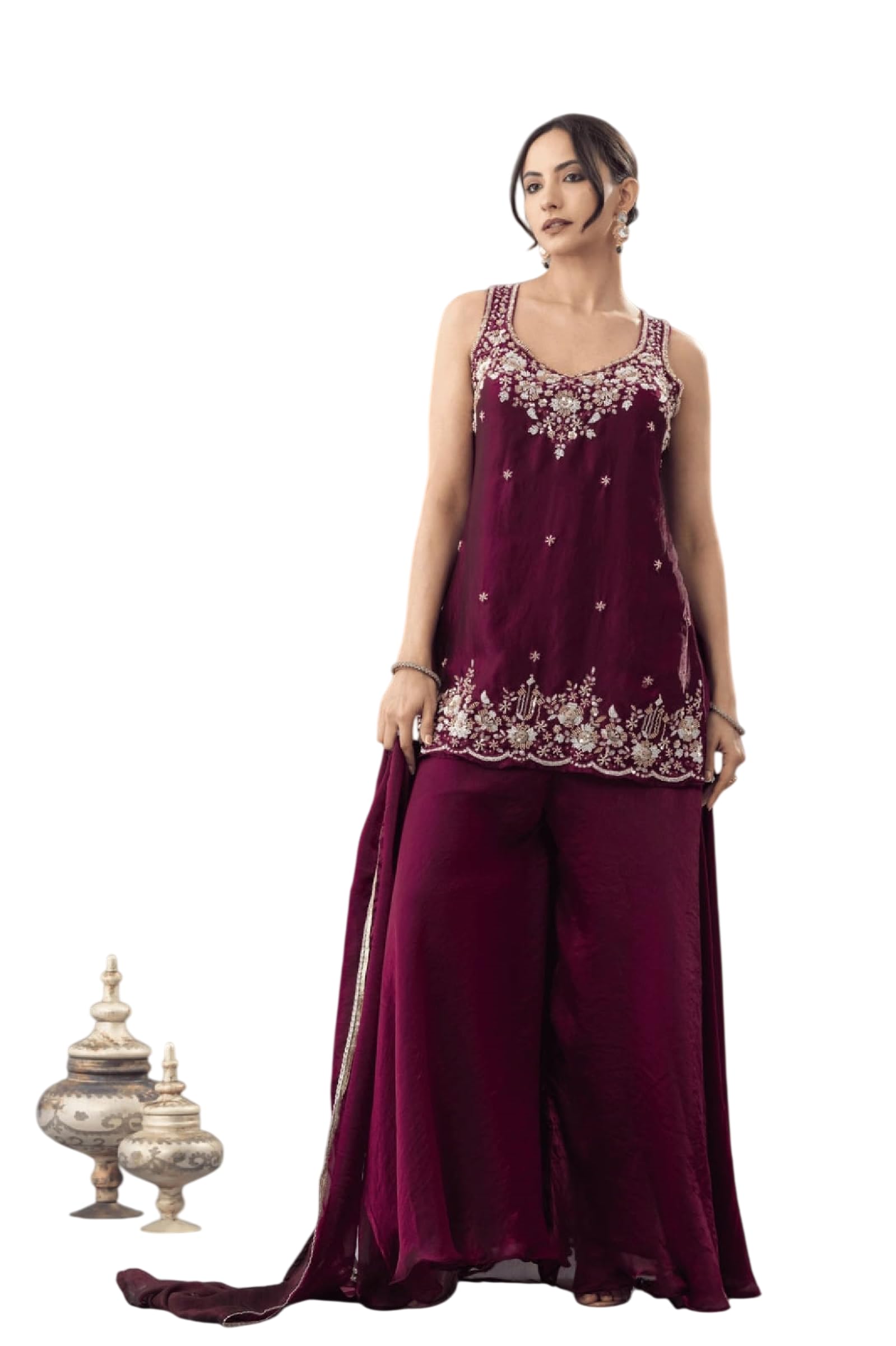 varni fabrics: a lady's first love Women's Embroidered Silk Blend Kurta With Palazzo and Dupatta Set-picture-43