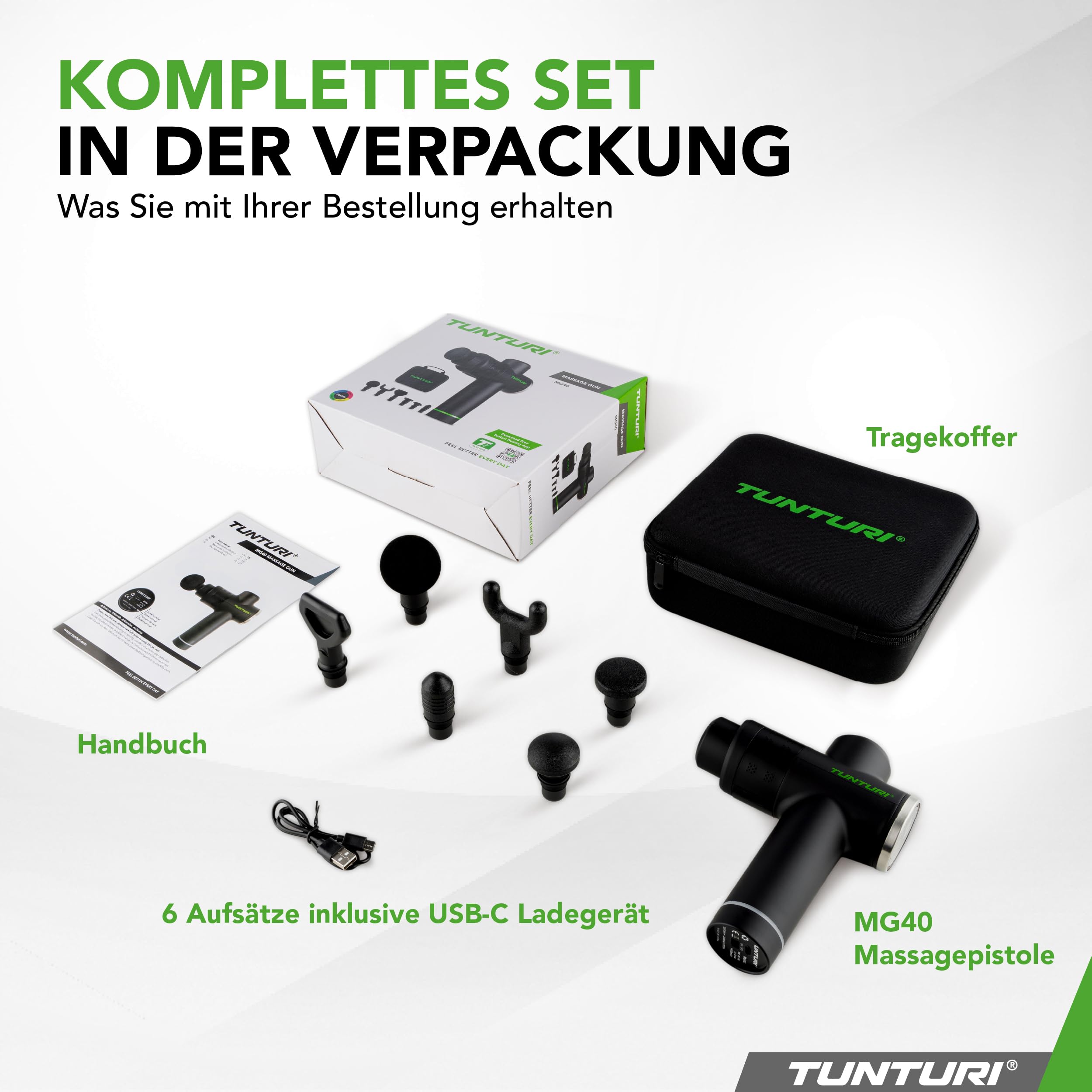 Tunturi MG40 Massagepistole – Massagegerät mit Multi-Griff – Inklusive 6 Aufsätze und Koffer – Extra kraftvoll und leise – Inkl. App