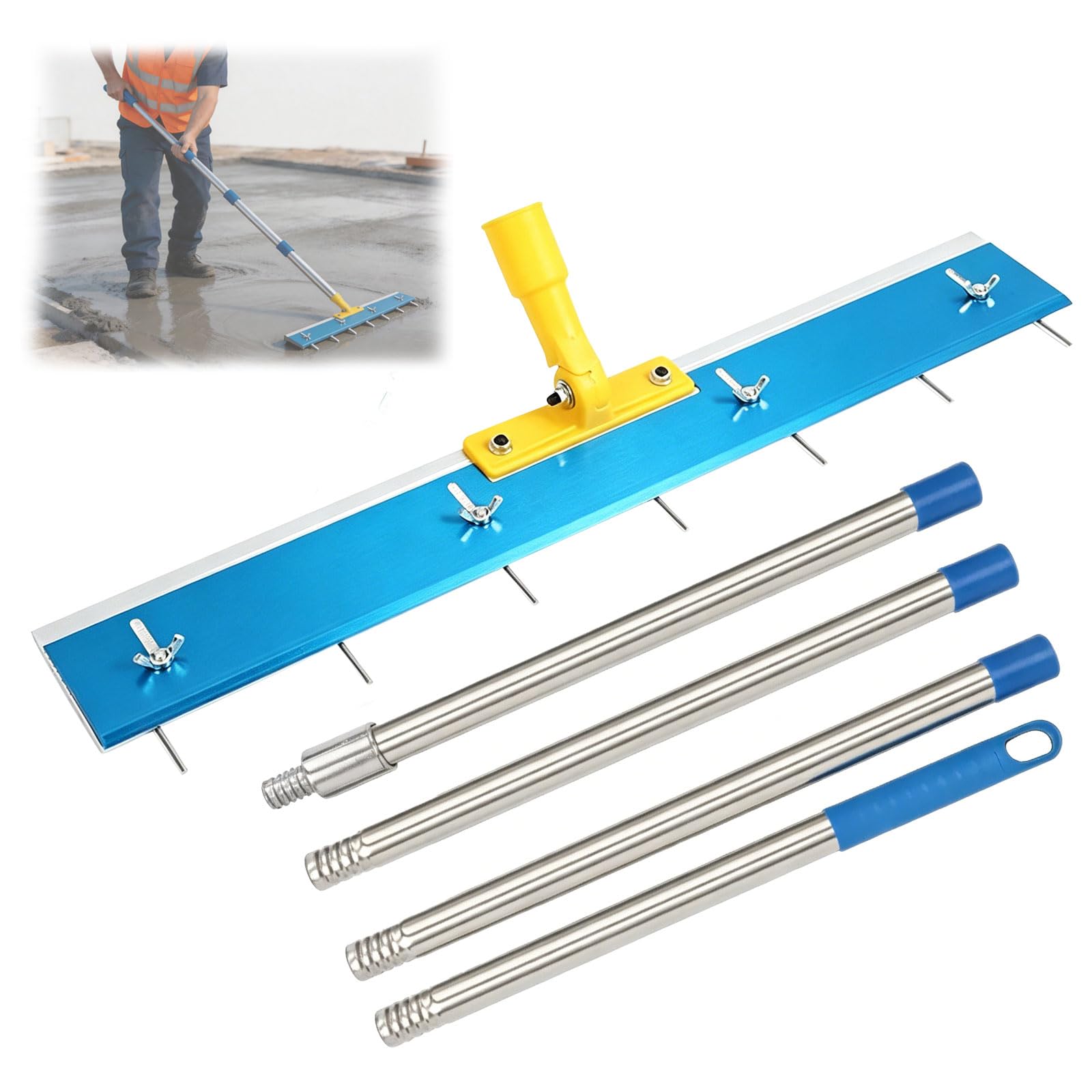 Self-Leveling Floor Squeegee with 3cm Adjustable Teeth, 61cm Pin Leveller, Cement Floor Leveling Tool with 4 × 40cm poles & 7 × Pin, for a 20-50mm Thickness