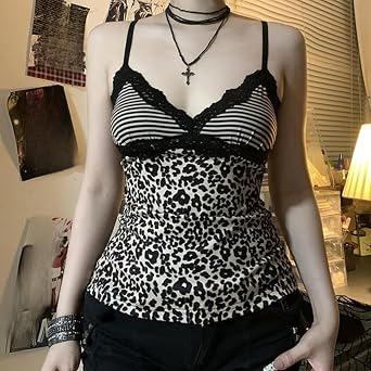 Pokn Leopard Print Y2K Top Halter Cheetah V Neck Lace Halter Goth Clothes Going Out Tops for Women