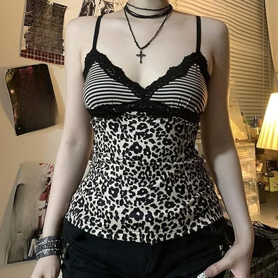 Pokn Leopard Print Y2K Top Halter Cheetah V Neck Lace Halter Goth Clothes Going Out Tops for Women