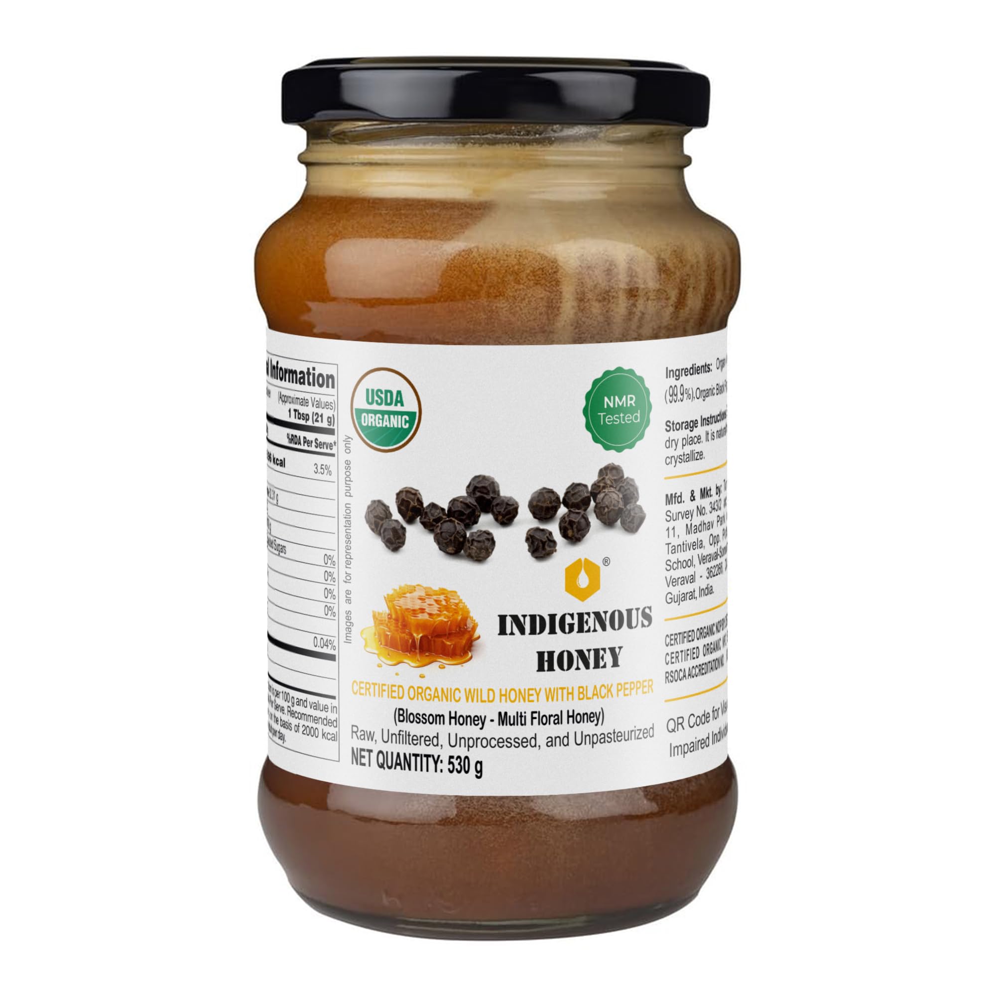 INDIGENOUS HONEY Raw Organic Honey with infused black pepper NMR Tested NPOP Organic Certified Pure Natural Unprocessed Sugar free Honey added Immunity Booster- 530 g Glass Jar