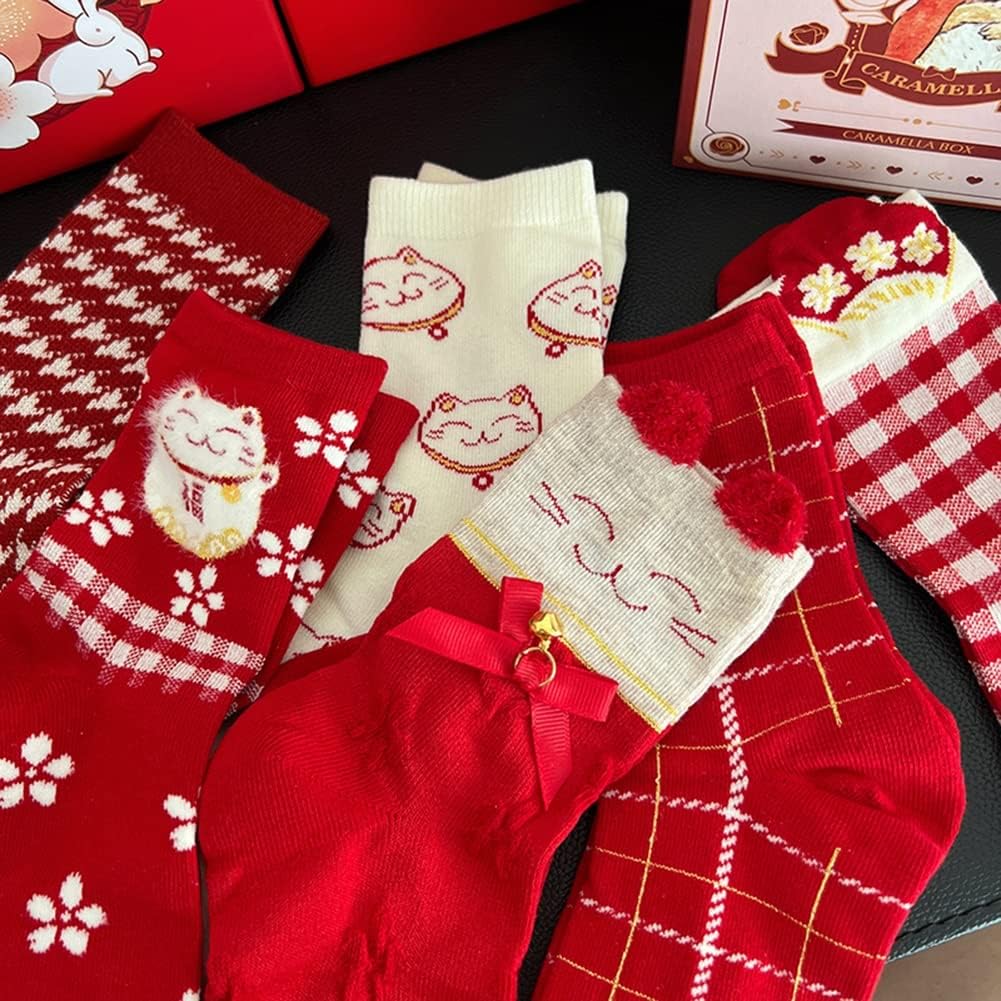 New Year's Red Lucky Socks, Rabbit Embroidered Chinese Zodiac Girl Socks, Chinese Lunar New Year Best Gift, 6 Pairs