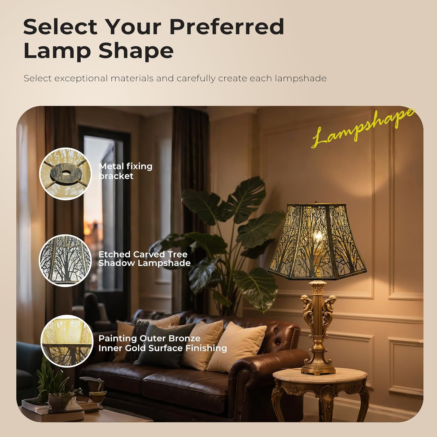 Beveled Octagon Big Lampshades, Metal Etched Forest Large Lamp Shade Fits for Table Lamp and Floor Light, 7.9" Top x 13.8" Bottom x 8.7" Height, Antique Bronze and Gold Finish, Spider
