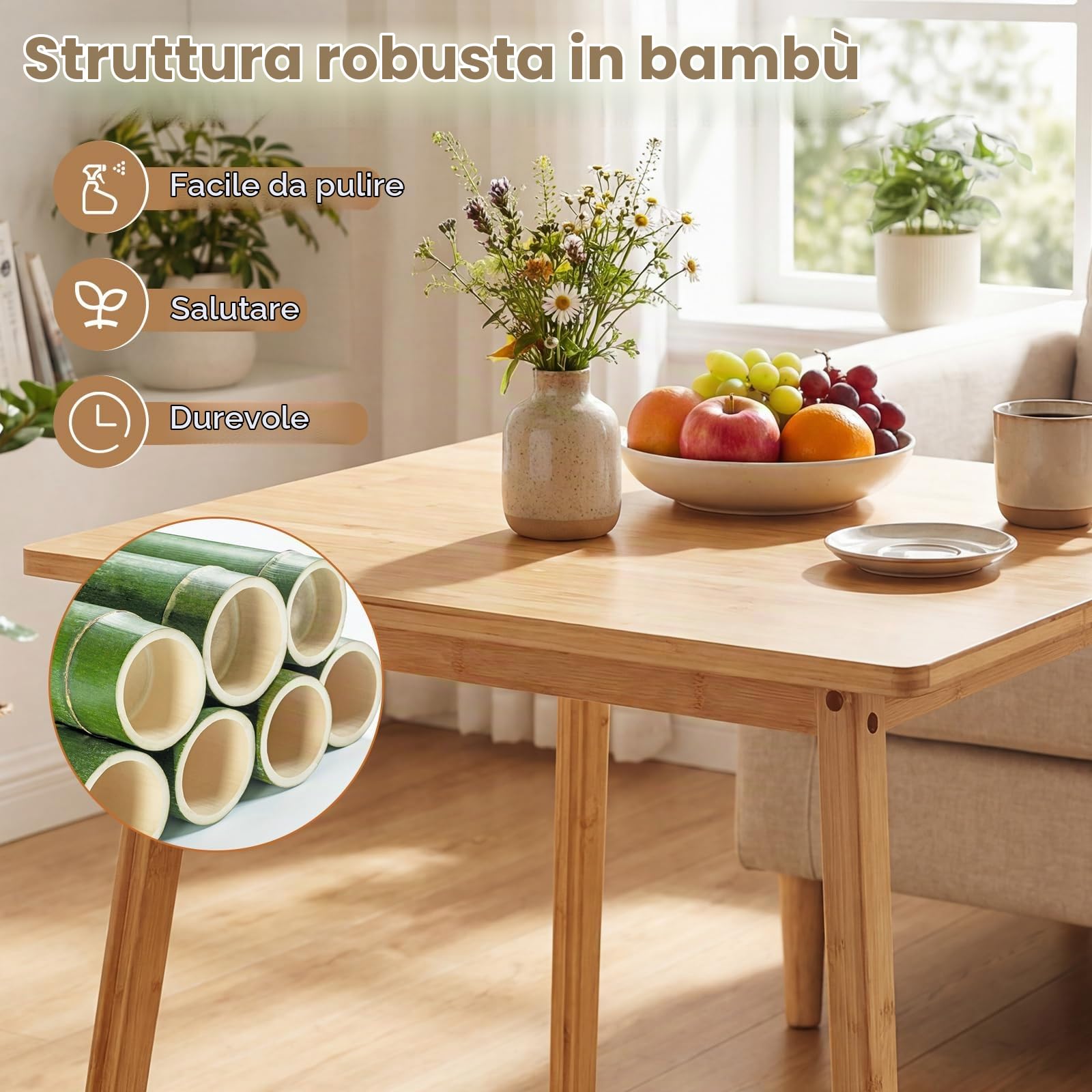 COSTWAY Tavolo da Pranzo in Bambù Ecologico per 4 Persone, Tavolo da Cucina Quadrato, Scrivania Stile Moderno, Tavolino per Spazi Piccoli, Sala da Pranzo, Soggiorno e Appartamento, 70 x 70 x 74,5 cm