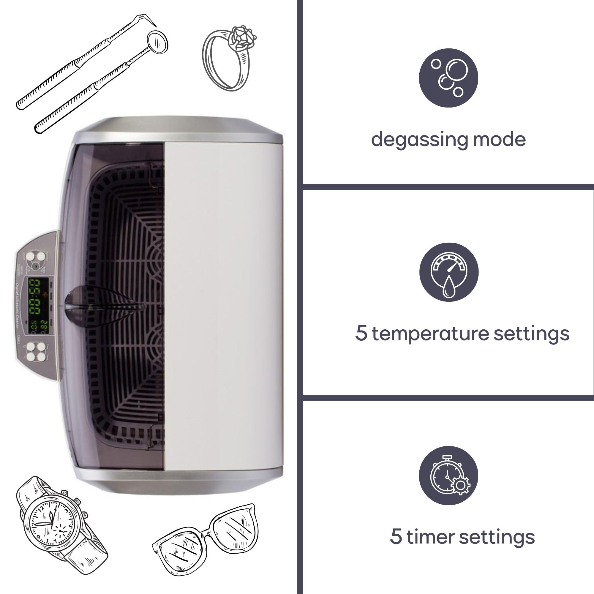 Perel Myjka ultradźwiękowa 6 L, ultrasonic cleaner 35 kHz, do biżuterii okularów zegarków protez monet kluczy, stal nierdzewna, timer cyfrowy i regulacja temperatury, zawór spustowy, biała