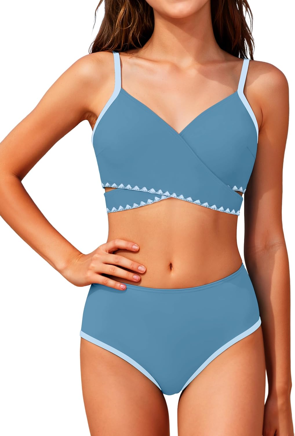 Girls Swimsuit Color Block Criss Cross V-Neck Contrast Trim Geometric Pattern Two Piece Girls Bikini Set 9-16Y