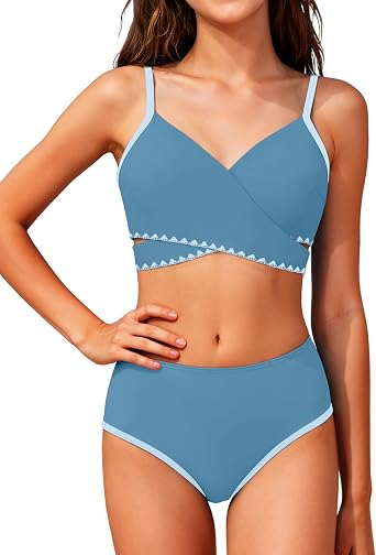 Girls Swimsuit Color Block Criss Cross V-Neck Contrast Trim Geometric Pattern Two Piece Girls Bikini Set 9-16Y