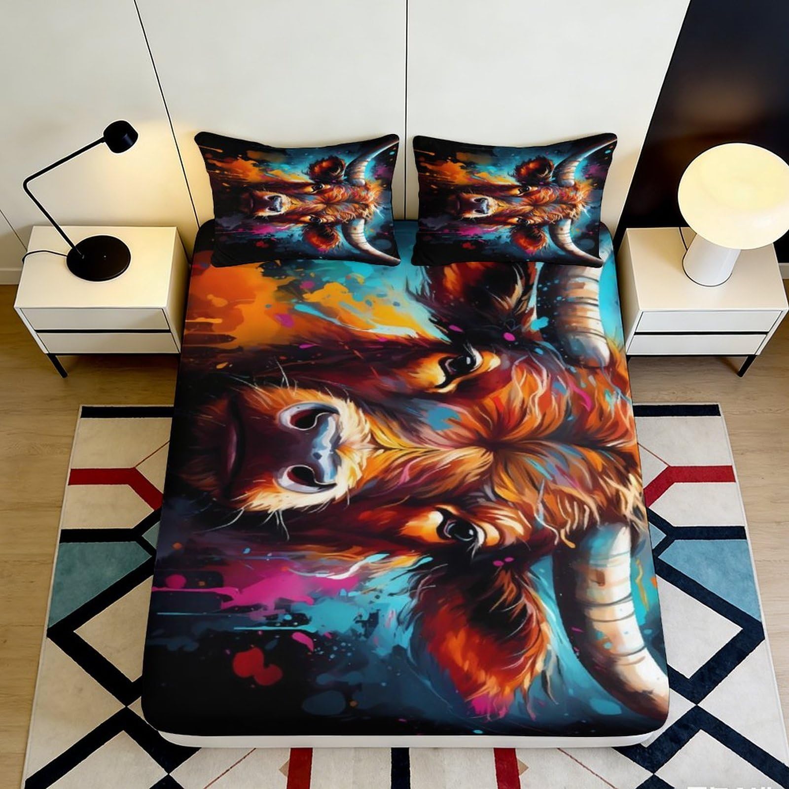 Pnayamiorkfel Style-10 3D Printed Colorful Highland Cow Fitted Sheet Microfiber Soft Bed Cover For Bedroom Guest Room Mattress Decor 90X200x25cm