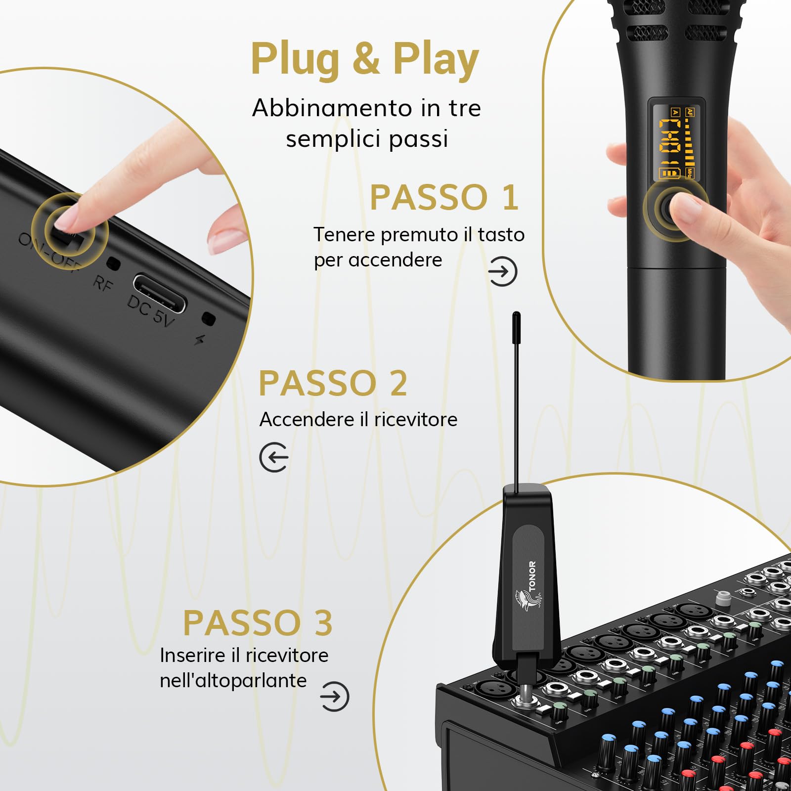 TONOR Microfono Karaoke Wireless, Microfono Vocale Dinamico Professionale UHF con Ricevitore Ricaricabile per Karaoke/Discorsi/Matrimoni/DJ/Spettacoli/Aule/Conferenze, Portata 60M, Nero, TW310
