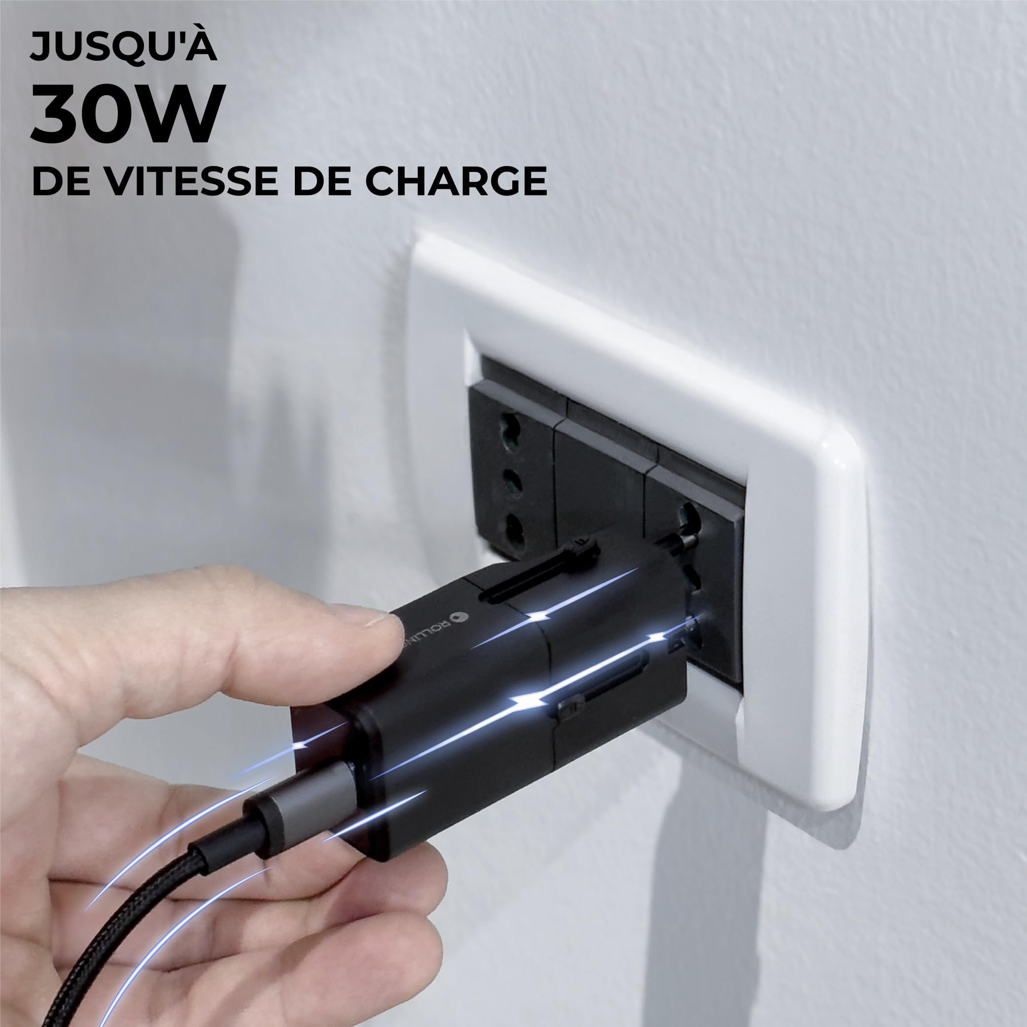 Rolling Square Portable Pocket Travel Adapter - Adaptateur de Voyage Poche Portable, Chargeur Universel USB-C pour 200+ Pays, Prises US, EU, UK, AU, Charge Rapide 30W pour Smartphones, Tablettes, Noir