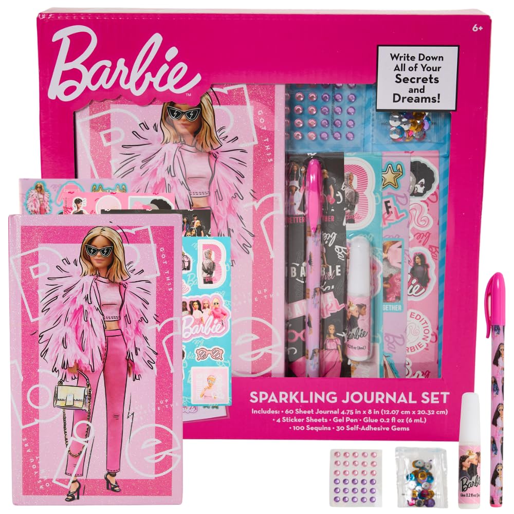 Innovative Designs Barbie Sparkle Journal Set for Kids, Journal Kit with Stickers and Gems