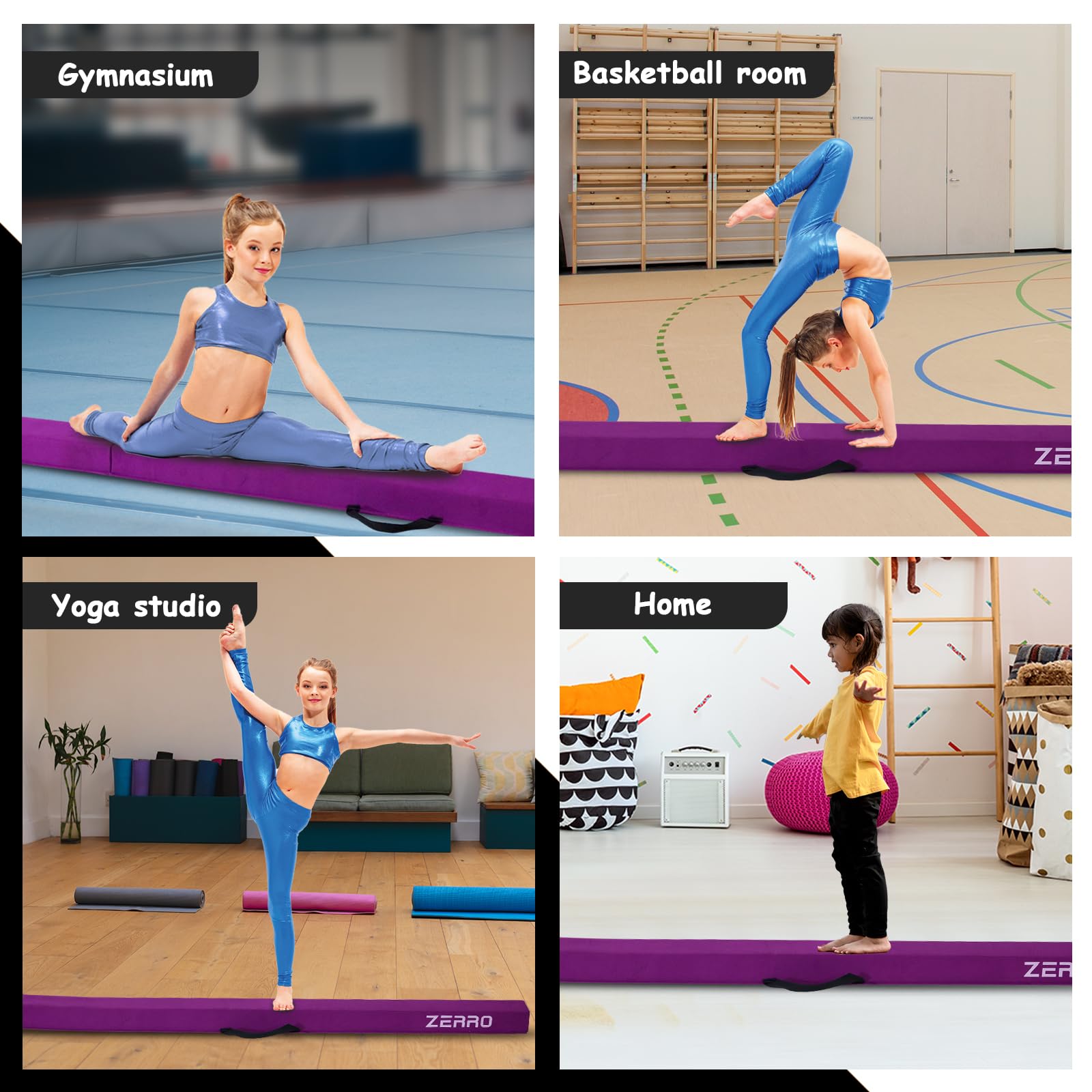 ZERRO Trave Ginnastica Artistica per Casa Pieghevole, 240cm / 270cm Bambini Allenamento, Verde, Viola