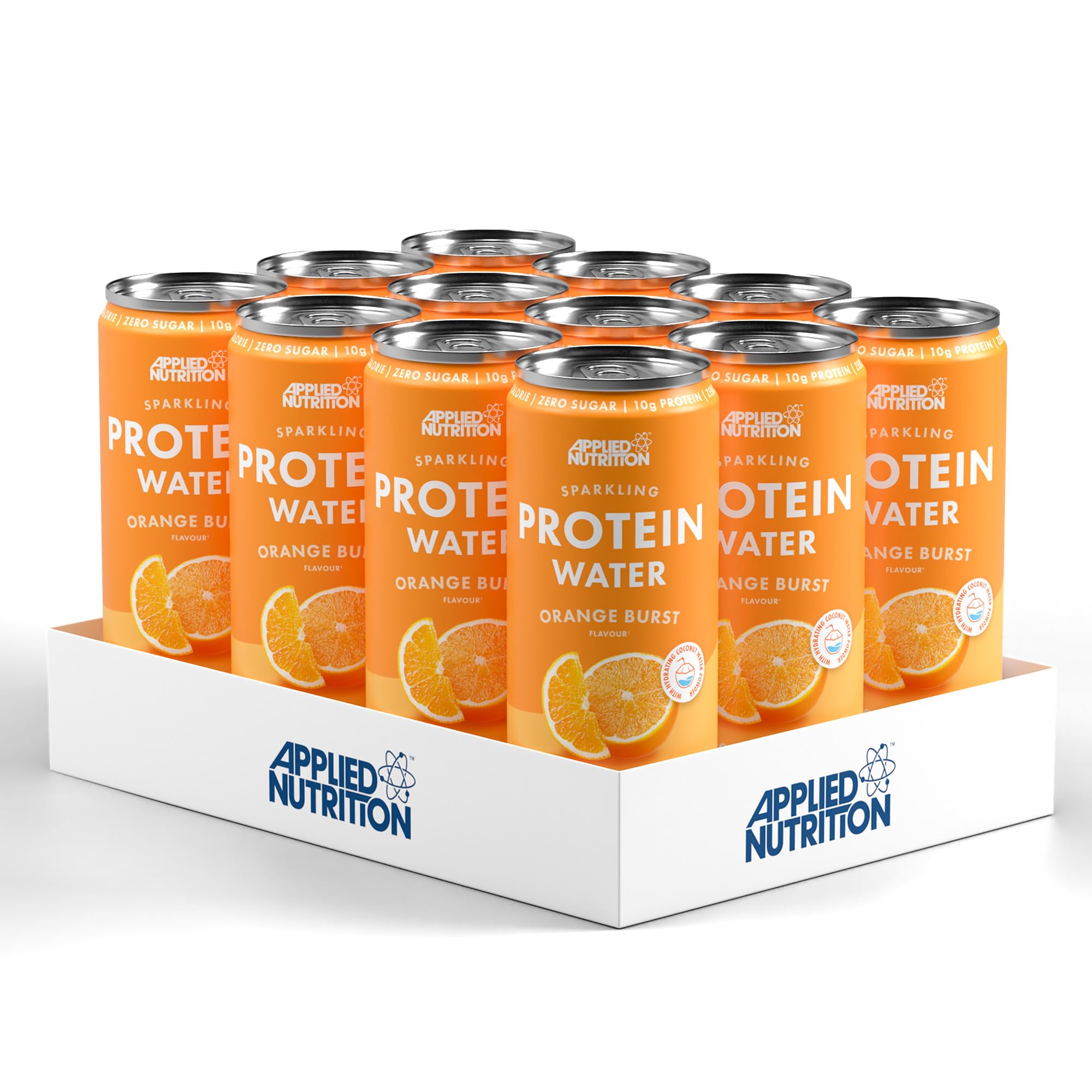 Applied Nutrition Sparkling Protein Water - 10g Collagen Boost – Low-Calorie Hydration with Vitamin C and Coconut Water – Refreshing and Wellness Drink (Pack of 12 Cans x 330ml) (Orange Burst)