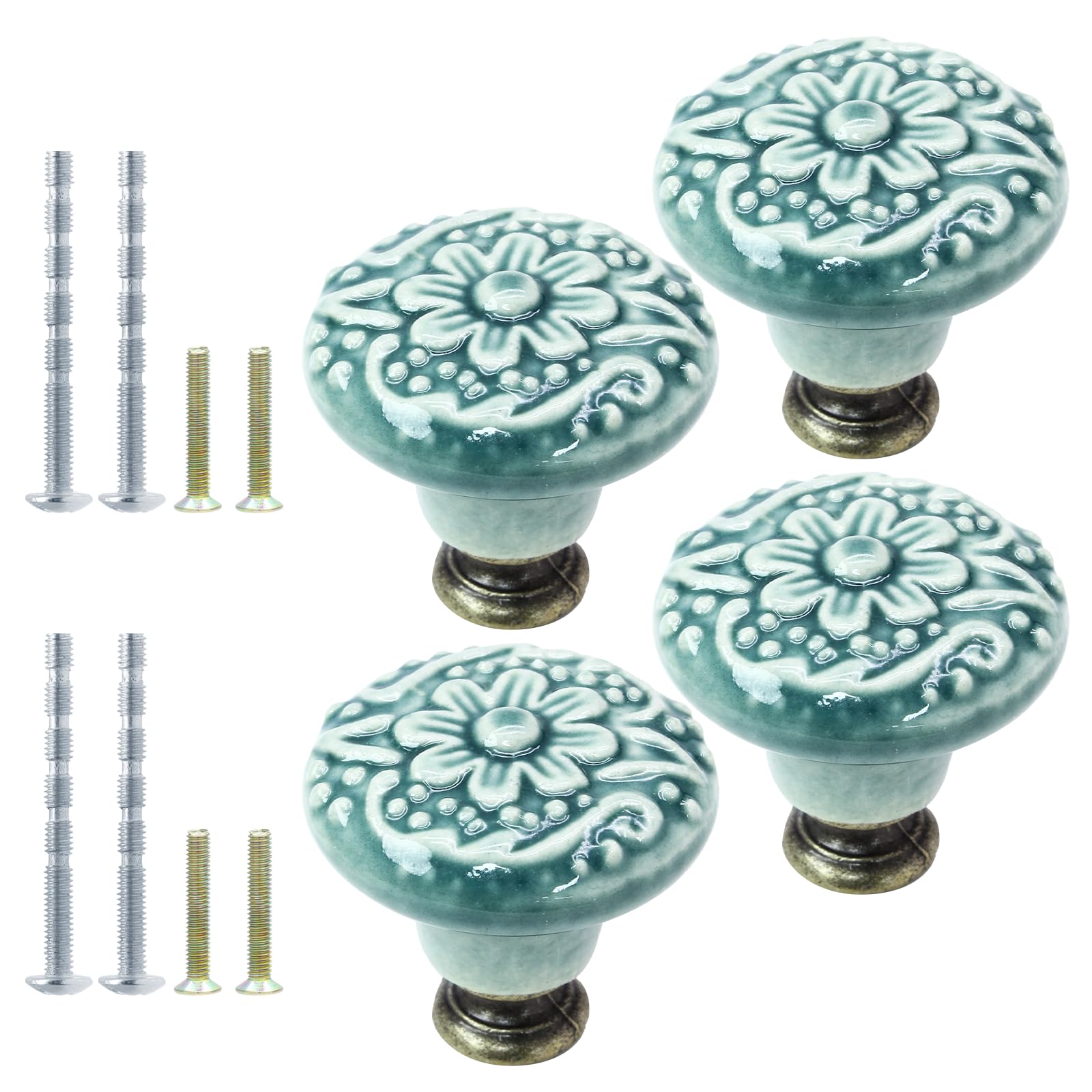 4pcs Green Ceramic Cabinet Knobs, Vintage & Retro Dresser Knobs, Decorative Drawer Pulls for Closet, Cupboard & Furniture Doors
